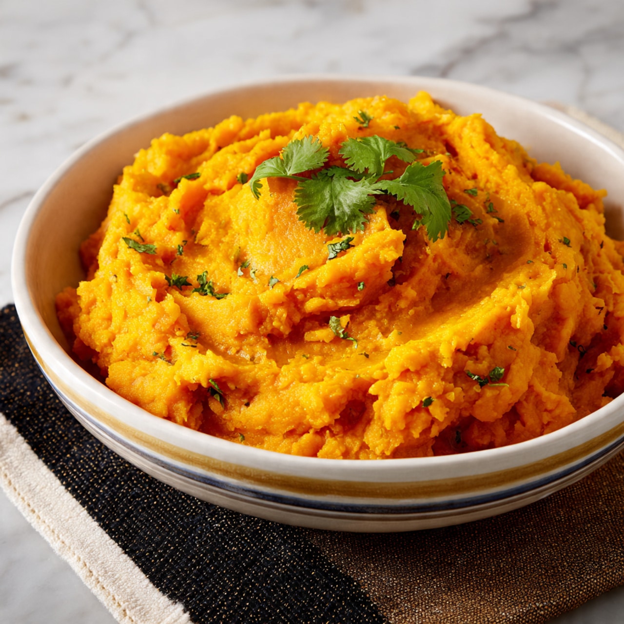 The image shows a close-up of a silver metal pot filled with mashed sweet potatoes. The mashed sweet potatoes are soft with an orange color and small bits of reddish skin mixed throughout. A silver fork is sticking out from the right side of the pot, resting in the mash. The pot is sitting on a white stove burner, and the background surface is a white marbled texture. photo taken with an iphone --ar 4:5 --v 7