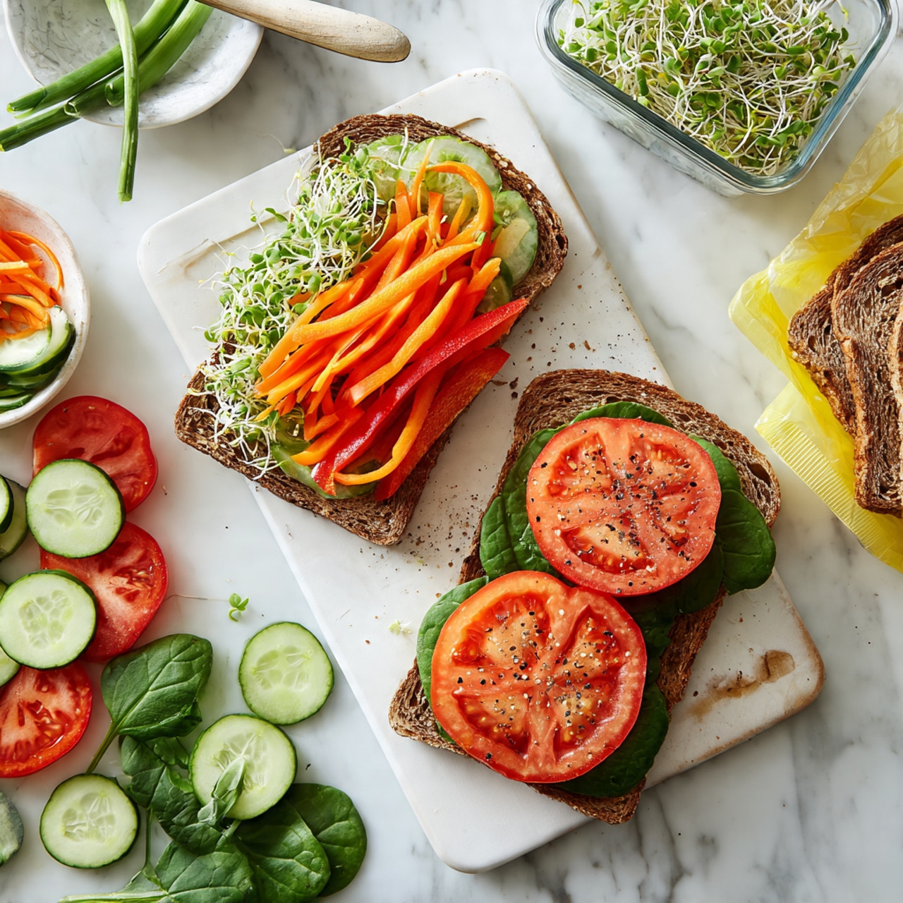 The image shows two open sandwiches on a white cutting board placed on a white marbled surface. The left sandwich has a base layer of dark whole grain bread, topped with green sprouts, shredded orange carrot, and several bright red bell pepper strips neatly arranged side by side. The right sandwich also uses the same dark bread and is layered with green spinach leaves and topped with two large, round tomato slices sprinkled with black pepper. Around the cutting board, fresh vegetables like sliced cucumber, more tomato slices, spinach leaves, and some green onions are scattered. A clear container filled with green sprouts and a white bowl with a spoon rest nearby. Three slices of whole grain bread in a yellow plastic bag are positioned on the right side. Photo taken with an iphone --ar 4:5 --v 7