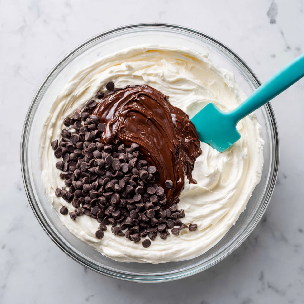 A clear glass bowl sits on a white marbled surface, filled with a thick, smooth white cream base that takes up the bottom layer. On top of the white cream, to one side, there is a mound of shiny, melted dark brown chocolate, slightly swirled. Scattered over the white cream and around the chocolate are many small, dark brown chocolate chips. A teal spatula with a hint of chocolate on its edge rests inside the bowl, positioned on the right side, touching both the white cream and melted chocolate layers. photo taken with an iphone --ar 4:5 --v 7
