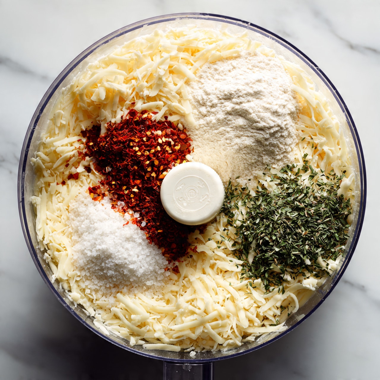 A clear food processor bowl sits on a white marbled surface, filled with five visible layers of ingredients. The largest layer is shredded pale yellow cheese, covering most of the bowl’s bottom and sides, with a shredded texture. On top of the cheese, there is a pile of finely chopped green herbs on the right side, showing a coarse texture with small needle-like pieces. Next to the herbs, there is a mound of white flour with a soft powdery texture, and beside it, a small pile of granulated white salt. Near the center, resting on the cheese, are dark red chili flakes clustered in a small pile, adding a bold contrast. The center of the bowl has a white food processor blade piece around which these ingredients are arranged. photo taken with an iphone --ar 4:5 --v 7