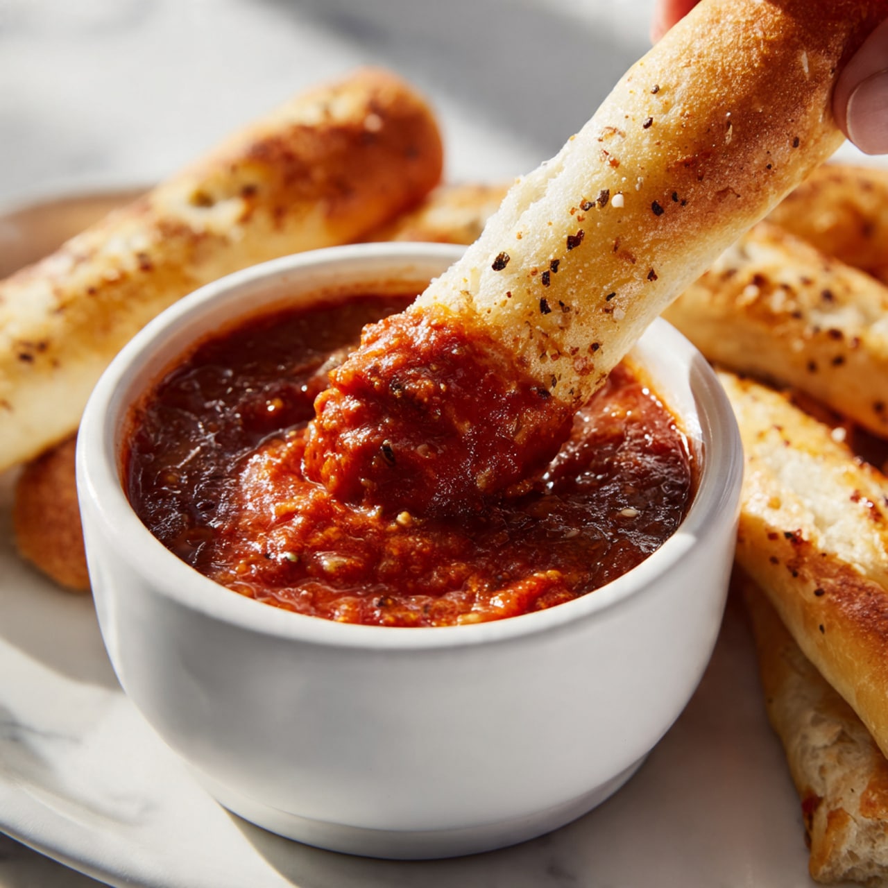 A close-up image shows a white ramekin filled with thick red marinara sauce at the center. A light golden-brown breadstick with a smooth, soft texture and small dark specks is partially dipped into the sauce, held by a woman's hand gripping the upper part of the breadstick visible in the top right corner. The breadstick’s dipped end is coated in rich red sauce with a slightly chunky texture. To the right, there is a white surface with more breadsticks that appear golden with some browned spots, resting casually and slightly out of focus on a white marbled texture. The scene is bright with natural light highlighting the soft texture of the breadstick and the vibrant sauce. photo taken with an iphone --ar 4:5 --v 7