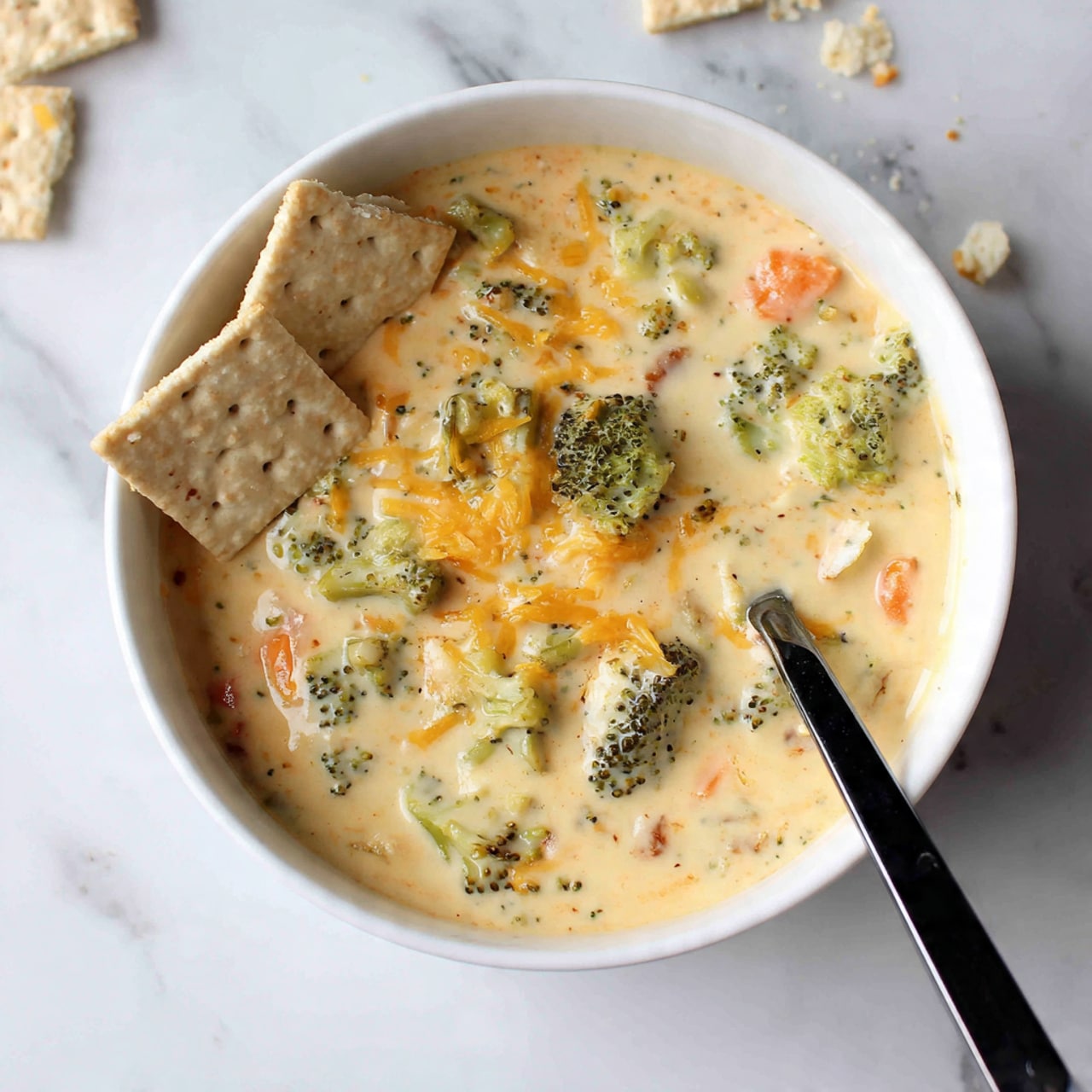 A close-up image shows a white pot with red handles filled with a creamy soup containing small pieces of broccoli and orange carrots. A woman's hand is holding a black-handled spoon lifting some soup, showing a thick, creamy texture with visible vegetable chunks. Around the pot, there are a few broccoli pieces, a white onion, and a white cloth with black stripes resting on a white marbled surface. The background is light blue. photo taken with an iphone --ar 4:5 --v 7