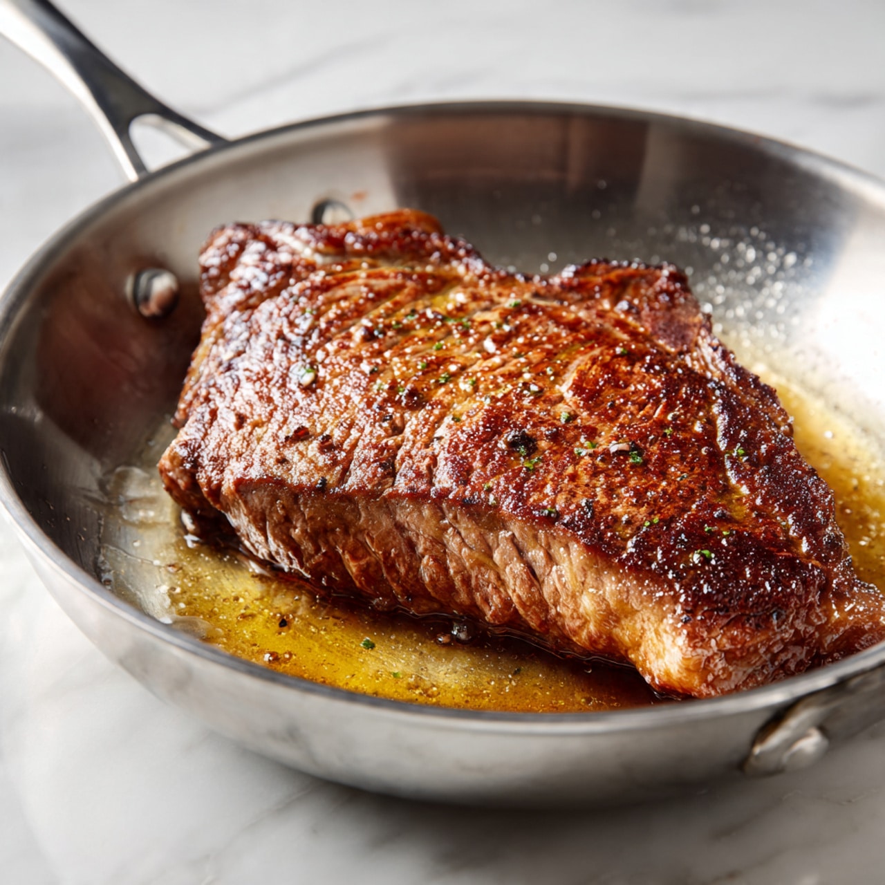 A single triangular steak sits in a silver frying pan, showing a browned, slightly crispy surface with rich dark and light brown tones, and some visible texture of cooked meat fibers. The pan holds some melted butter or oil around the steak, glistening softly. The pan handle extends to the left, and the whole setup is on a white marbled surface. The lighting highlights the juicy and textured look of the steak, making it appear freshly cooked. photo taken with an iphone --ar 4:5 --v 7