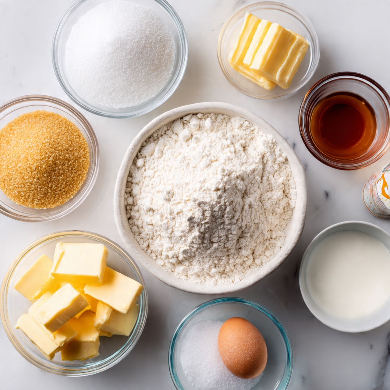 The image shows a white bowl filled with white flour placed on a white marbled surface. Around the bowl are smaller clear glass bowls containing various ingredients: white granulated sugar, two pieces of butter, light brown sugar, salt, milk, vanilla extract, yeast, and an egg placed directly on the surface. There is also a small can of pineapple juice to the right side of the ingredients. All items are neatly arranged and spaced evenly. Photo taken with an iphone --ar 4:5 --v 7