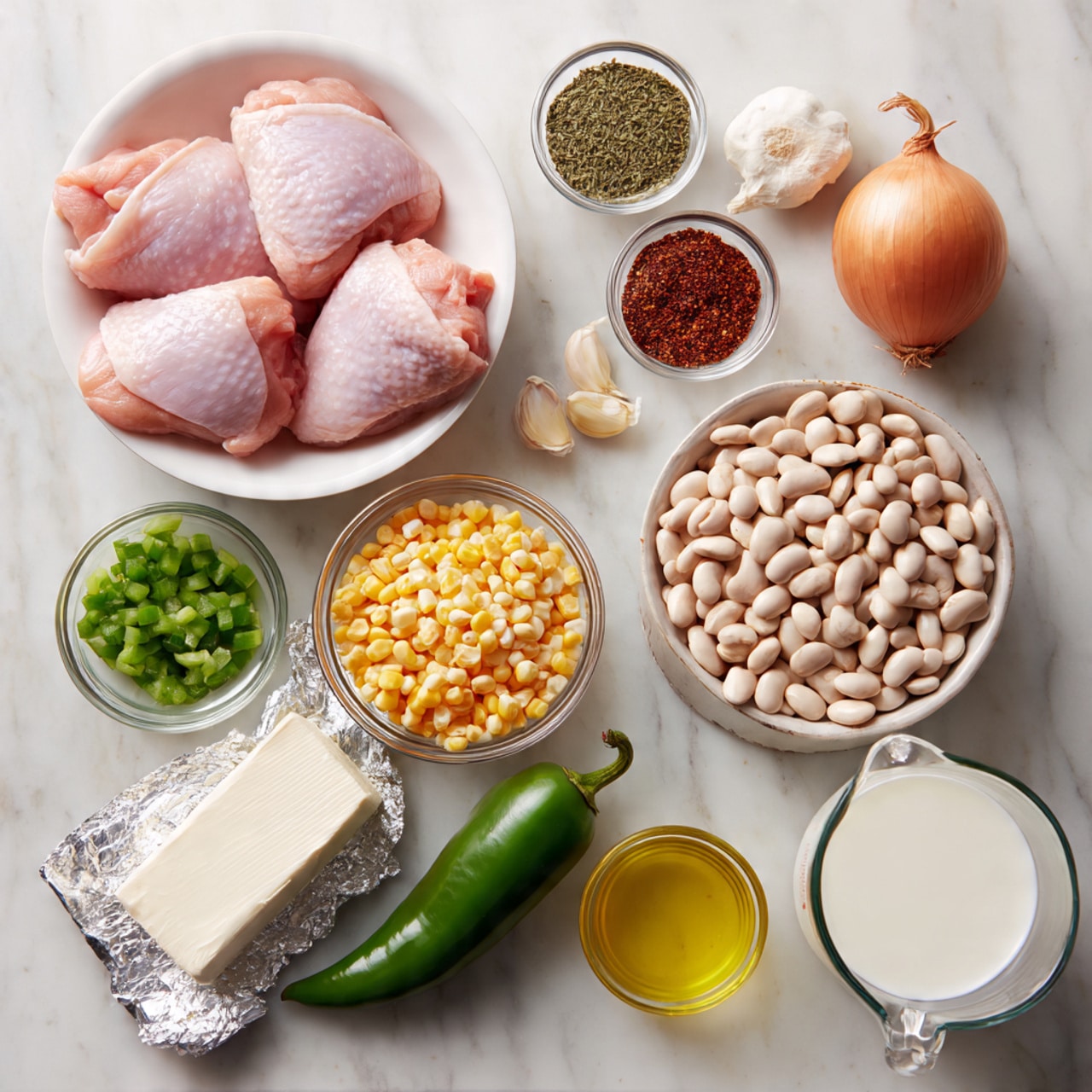 The image shows various ingredients on a white marbled surface, ready to cook. There is a white bowl with four raw pink chicken thighs on the left. Above it, two small clear glass bowls hold green and red spices, and a brown spice powder. Next to them, a whole light brown onion and three garlic cloves are placed. Moving right, there is a clear bowl with chopped green peppers, a small black measuring cup with yellow corn, a large white bowl filled with white beans, and a smaller clear bowl with brown beans. A fresh green jalapeño pepper lies beneath the beans. At the bottom, there is a small square of white cream cheese partially wrapped in foil, a clear bowl with yellow olive oil, a metal measuring cup with white sour cream, and a clear plastic measuring jug with light yellow broth. All items are neatly arranged, showing a mix of smooth, soft, and rough textures. Photo taken with an iphone --ar 4:5 --v 7