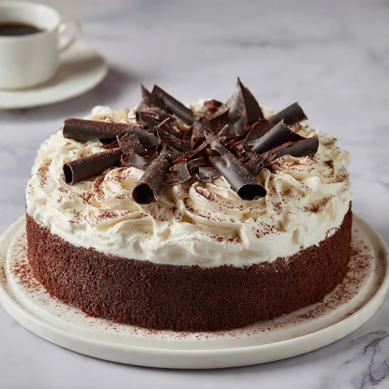 A round chocolate cake with a dark brown color forms the base layer, having a slightly cracked and firm texture on top. On this sits a thick layer of white whipped cream spread loosely, creating soft peaks and a light, airy look. Scattered on the whipped cream are several dark brown chocolate curls with a shiny surface, adding texture and contrast. A light dusting of cocoa powder is sprinkled over the whipped cream and chocolate curls, giving a muted reddish-brown tint in spots. The cake is placed on a white marbled surface, with a white plate partly visible underneath it. photo taken with an iphone --ar 4:5 --v 7