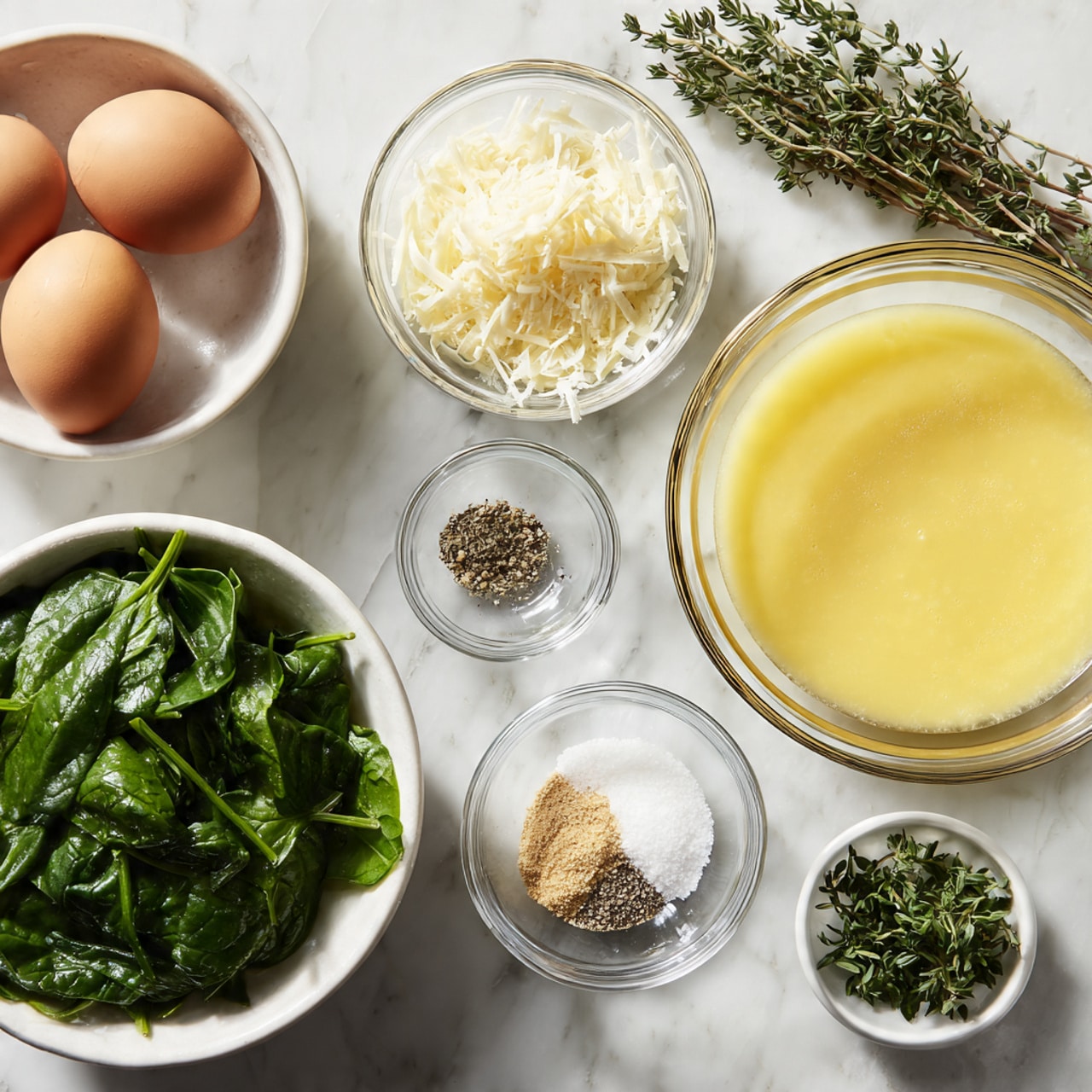 The image shows a top-down view of several clear glass bowls and a white bowl on a white marbled surface. On the right, a large clear glass bowl is filled with a smooth yellow broth. Near the bottom left, a white bowl holds fresh, dark green spinach leaves. To the left top corner, a small clear bowl holds three brown eggs. Scattered between the bowls are small clear glass bowls containing different ingredients: one with finely shredded white cheese, one with chopped green herbs, one with a small amount of light brown powder, and one each with white salt and black pepper. Fresh sprigs of thyme are placed near the center of the frame. The setup looks organized and ready for cooking preparation, with soft natural light enhancing the colors. Photo taken with an iphone --ar 4:5 --v 7