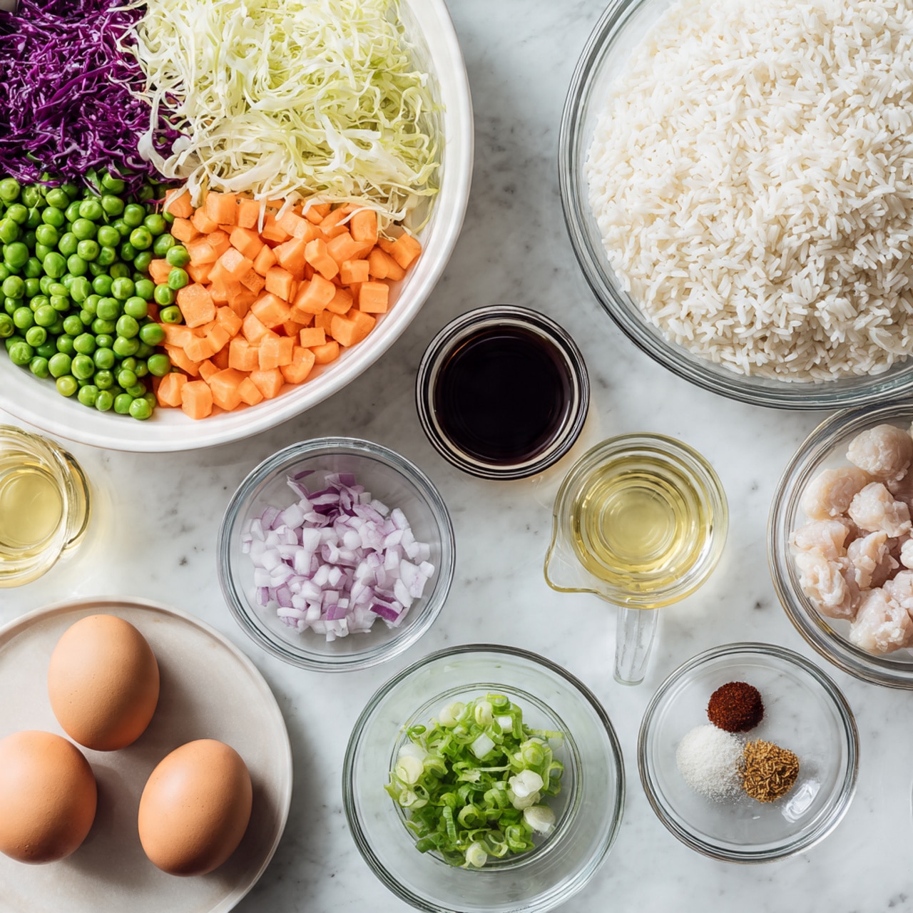 A white marbled surface holds several glass bowls arranged neatly. On the left, a medium white bowl is filled with layers of green peas, orange carrot cubes, shredded purple cabbage, and shredded light green cabbage. To the right of it are smaller glass bowls with dark brown soy sauce, thinly sliced light pink shallots, chopped light green spring onions, and minced pale yellow garlic. Below, separate small bowls contain three brown eggs, pale yellow cooking oil in a small pitcher, thin slices of light yellow garlic, and a mix of brown and white powders, possibly spices. On the upper right, a large glass bowl with white fluffy rice sits next to another large glass bowl containing a pile of small pale pink meat pieces. The whole scene is bright and clear, photo taken with an iphone --ar 4:5 --v 7