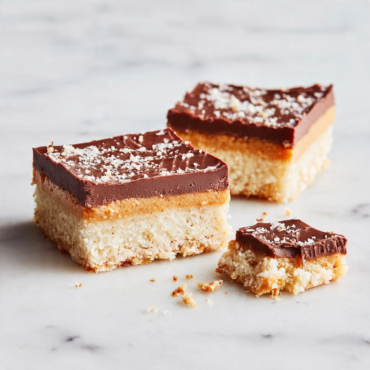 The image shows a square dessert bar on a white marbled surface. The bar has two layers: a thick bottom layer of light beige, crumbly, peanut butter-like texture, and a smooth dark brown chocolate layer on top with a few gentle waves. In front of the bar is a small piece broken off, displaying the same two layers with the crumbly texture clearly visible. Some small crumbs surround the pieces. Photo taken with an iphone --ar 4:5 --v 7