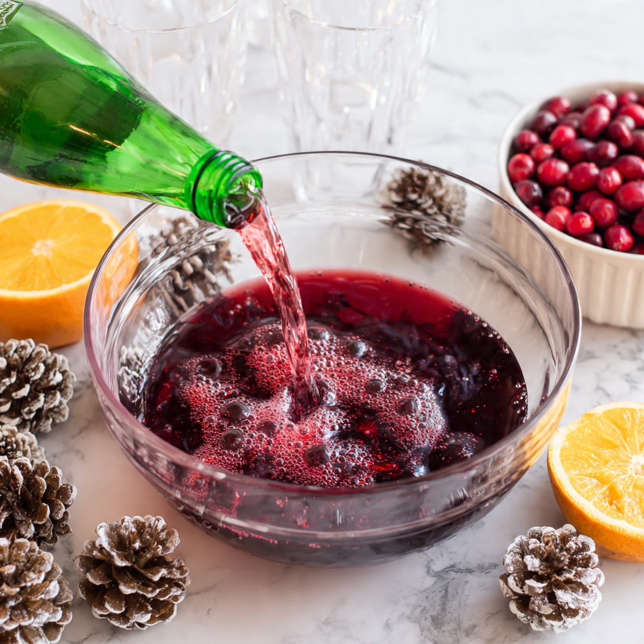 A large clear glass bowl filled with deep red liquid is being poured into from a green soda bottle on the left side. The liquid inside the bowl has bubbles around the center. Surrounding the bowl are clear empty glasses, pine cones with white tips, a white bowl filled with red cranberries, and a half slice of orange. All items rest on a white marbled surface. photo taken with an iphone --ar 4:5 --v 7
