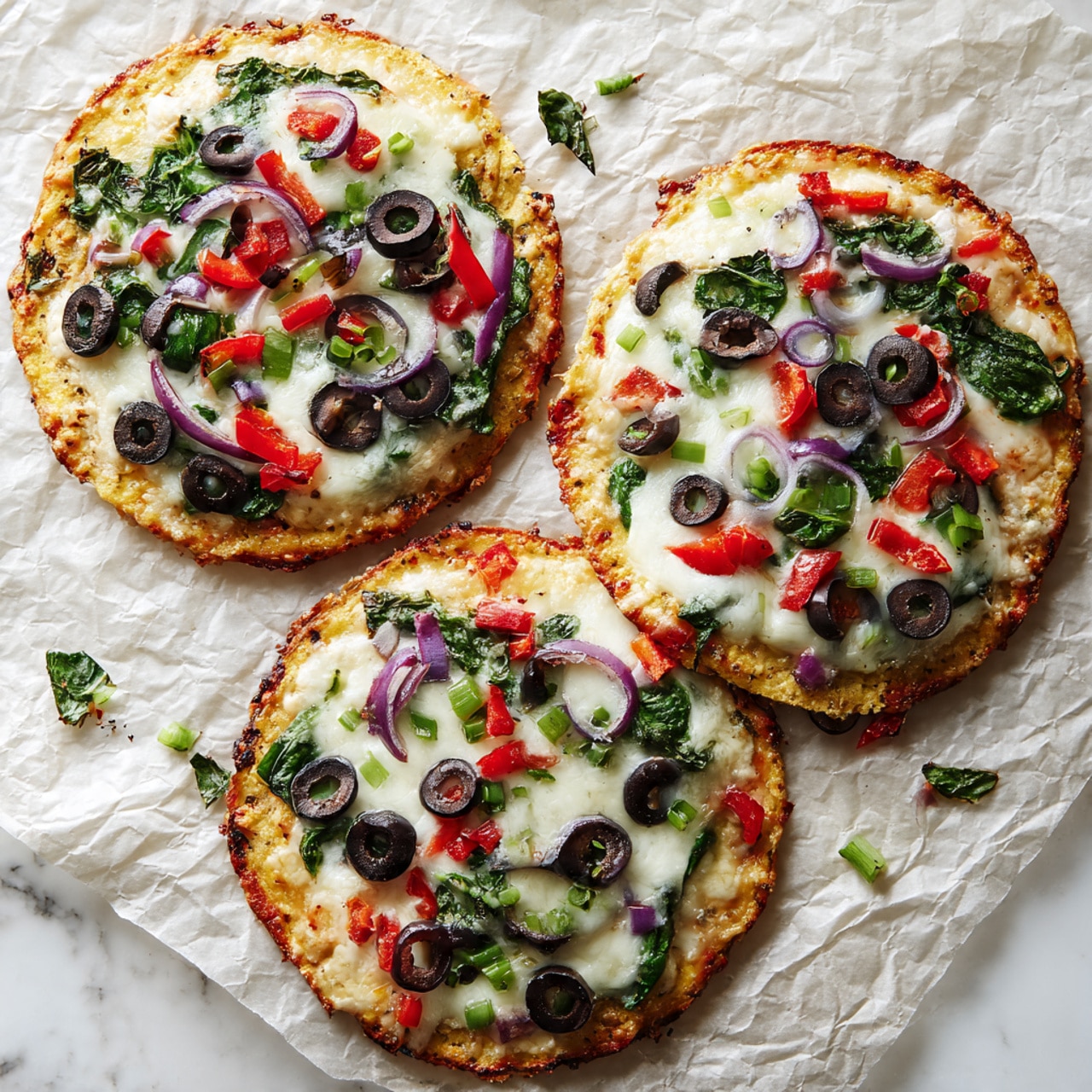 Three small round pizzas are placed on wrinkled parchment paper over a white marbled surface. Each pizza shows one layer of golden-baked crust topped with melted white cheese, scattered black olive slices, small red bell pepper pieces, chopped green spinach leaves, and bits of purple onion. The pizzas have a slightly uneven edge, indicating a homemade style. Some extra olive slices and bits of spinach leaves are scattered around the pizzas. Photo taken with an iphone --ar 4:5 --v 7