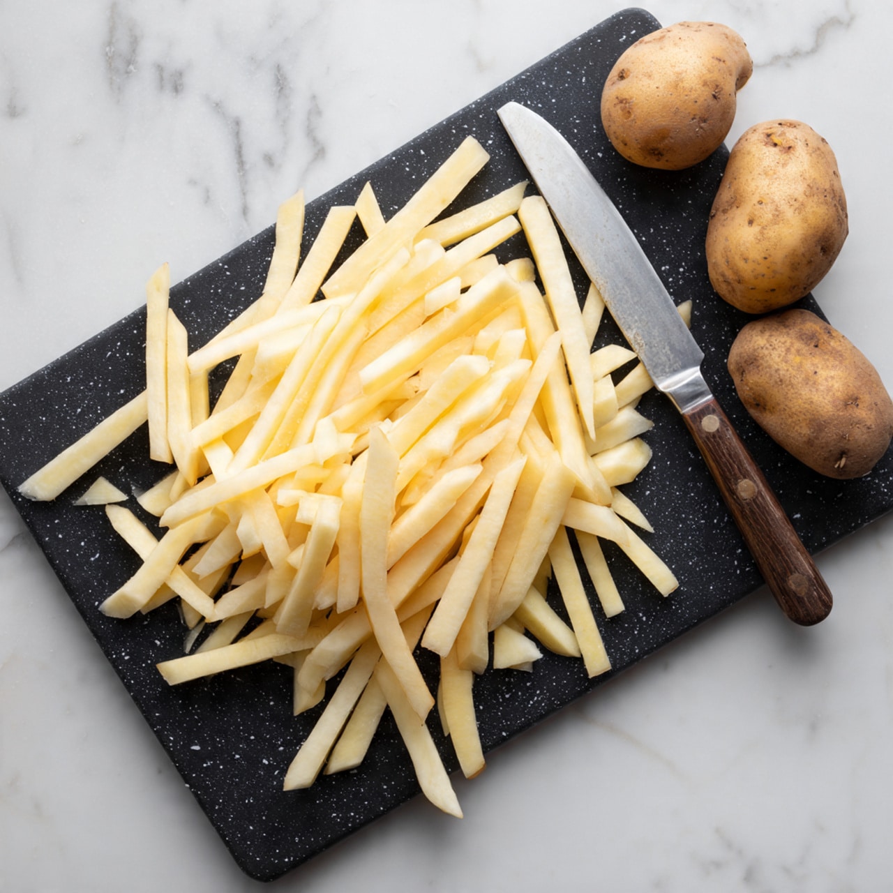 The image shows a pile of raw potato sticks, peeled partially with the brown skin still on some edges, arranged loosely on a black cutting board with white speckles. There are also a few whole unpeeled potatoes with a rough brown skin on the right side of the board. A metal knife rests on the edge of the cutting board. The cutting board is placed on a white marbled surface photo taken with an iphone --ar 4:5 --v 7