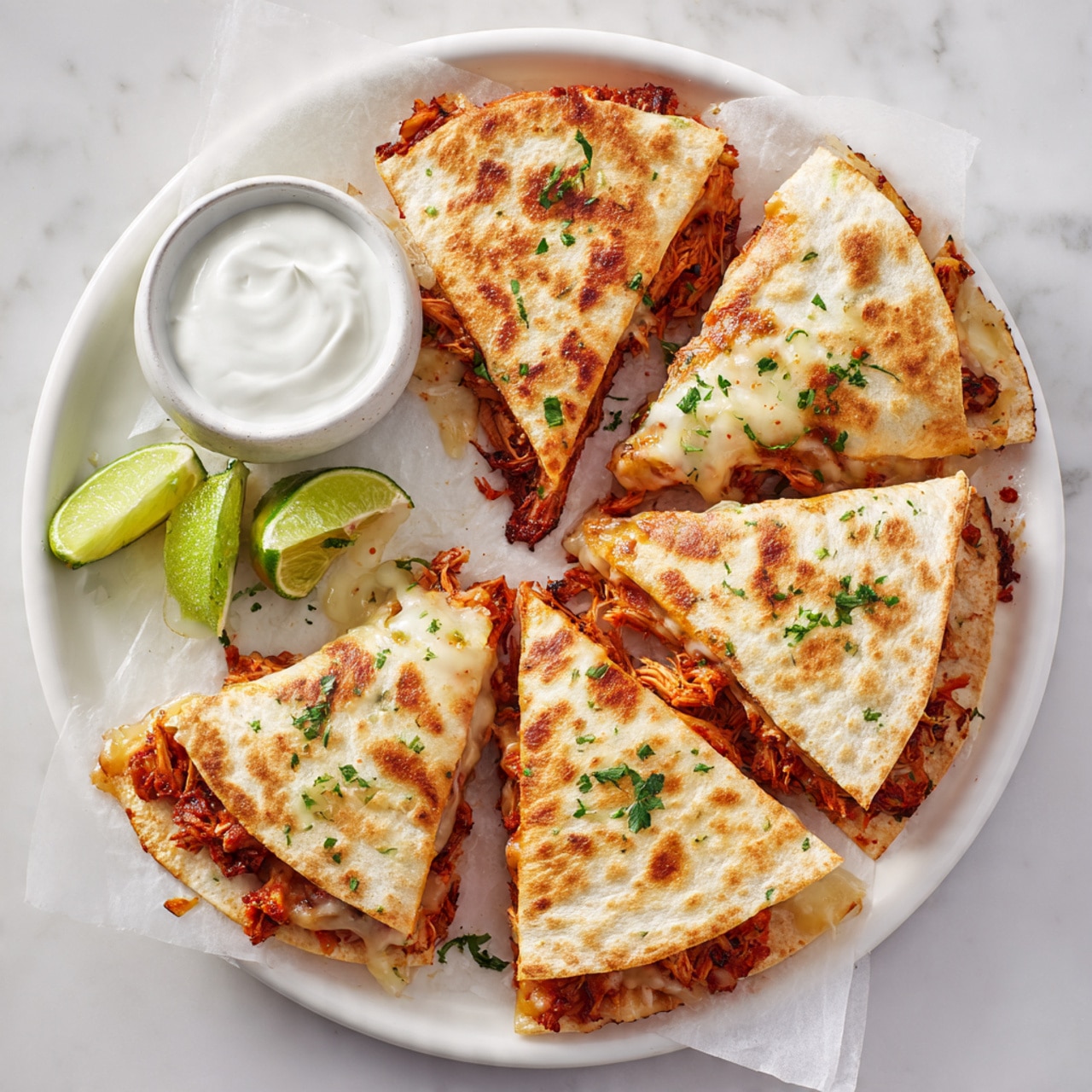 Five triangular pieces of quesadilla arranged in a circle on parchment paper on a white plate, showing a light golden-brown toasted tortilla with visible soft textures on top; the filling inside is layered with shredded reddish-orange chicken mixed with small bits of green herbs and melted cheese peeking around the edges, giving a slightly chunky texture; two lime wedges rest on the left side of the plate and one lime wedge sits near the plate on a white marbled surface; a small white bowl filled with white creamy sauce is partially visible at the top left corner; photo taken with an iphone --ar 4:5 --v 7