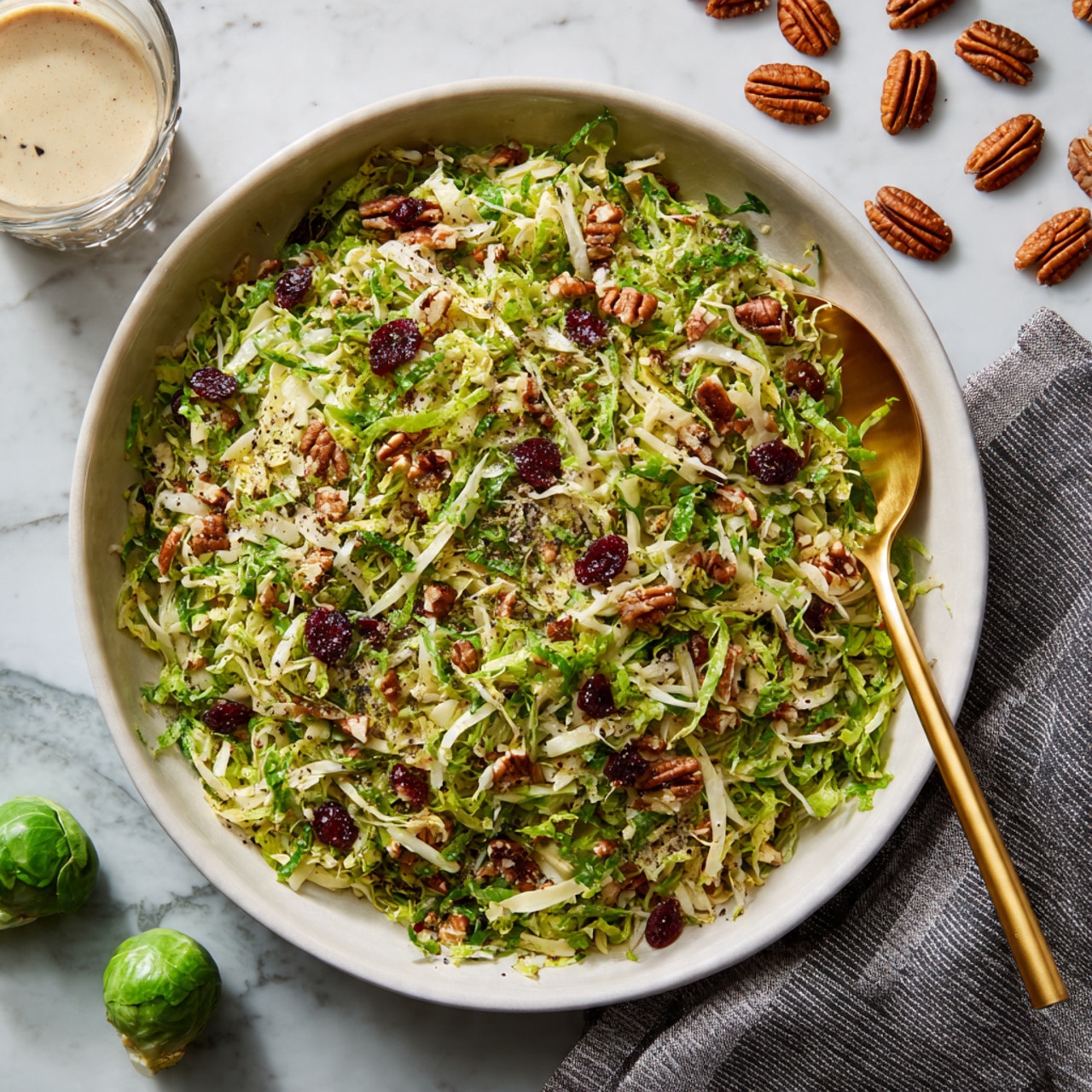 In a white large bowl on a white marbled surface, there are four main layers: the bottom layer is shredded green Brussels sprouts, on the top left side there is a pile of dark red dried cranberries, to the right of that is a small mound of chopped brown pecans, and a pale yellow dressing is being poured over the Brussels sprouts from a white small bowl held by a woman's hand in the bottom left corner of the image. The textures vary from the leafy Brussels sprouts and rough pecans to the wet, smooth dressing, creating a fresh and colorful mix. Photo taken with an iphone --ar 4:5 --v 7