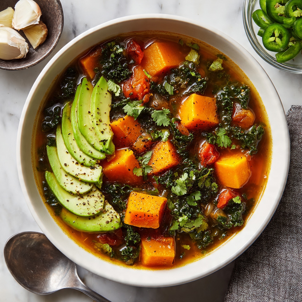 A white pot filled with a colorful soup showing about three layers: the top layer with bright orange chunks of squash, dark green leafy kale pieces, and small black beans mixed in a light brown broth; beneath the surface, more chunks of squash, beans, and kale are visible blending into the soup's base. Around the pot are chopped fresh jalapeños in a small clear glass on the left side, light yellow tortilla chips spread out nearby, a bowl with white dollops likely sour cream on the top right, fresh green cilantro sprigs on the right side, and a silver ladle resting on a gray cloth beside the pot. All items sit on a white marbled textured surface. photo taken with an iphone --ar 4:5 --v 7