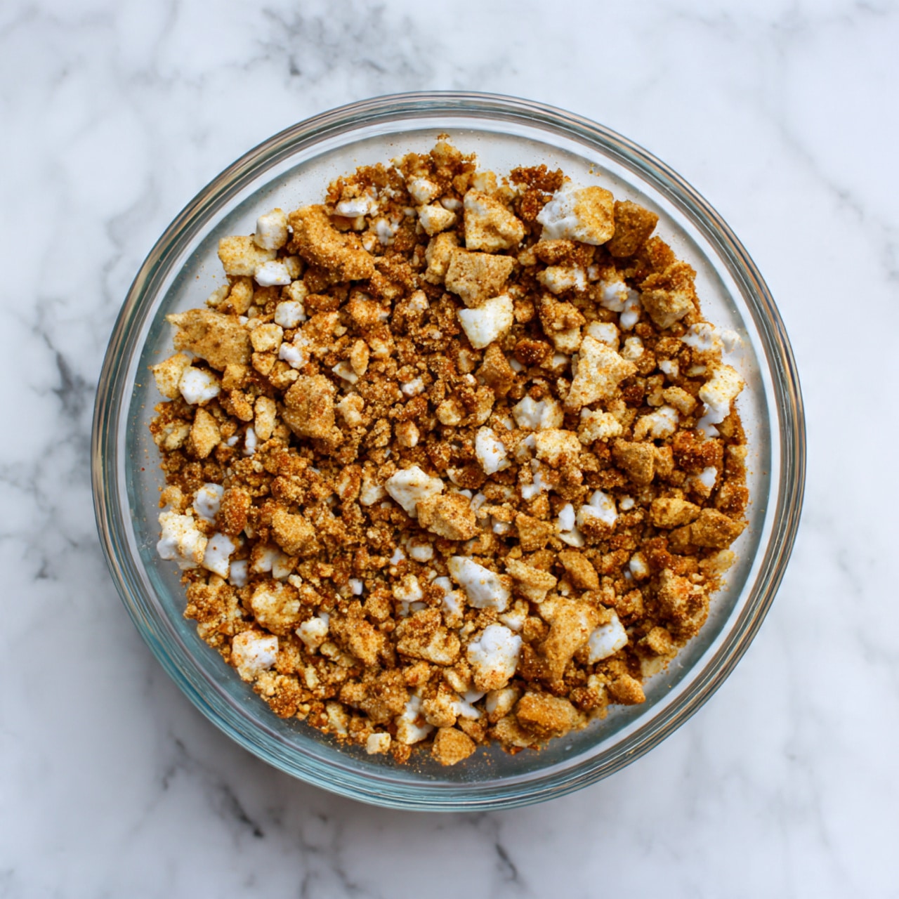A clear glass bowl holds a mix of small, uneven clusters in light golden brown shades with white puffed pieces spread throughout. The texture looks crumbly and slightly sticky, with some pieces more compact and others loose. The bowl is set against a white marbled texture, showing the mix clearly from above. photo taken with an iphone --ar 4:5 --v 7
