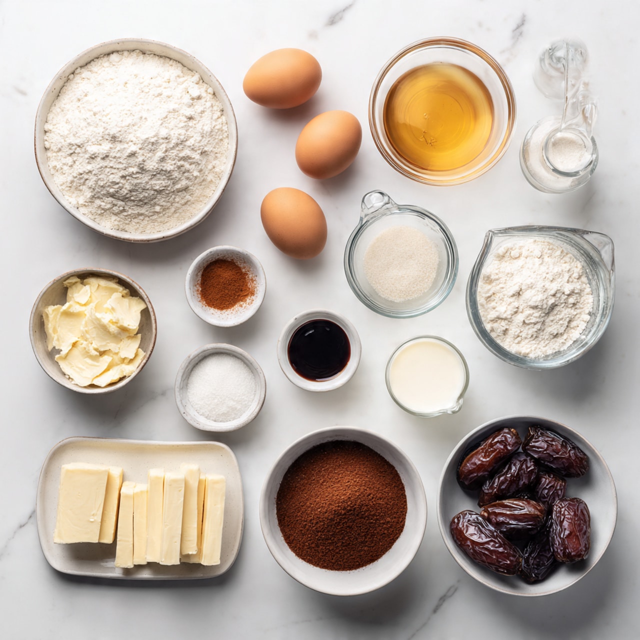The image shows an overhead view of baking ingredients arranged neatly on a white marbled surface. There are 13 containers and items in total. Starting from the top left, a white bowl filled with white flour, next to it a small clear glass bowl holding two brown eggs. To the right, a clear bowl with golden syrup, followed by a clear measuring jug containing water. In the second row from left, a small glass bowl of dark vanilla extract, a tiny bowl with white salt, a small bowl with white baking powder, a tiny bowl with dark brown spice, a small bowl holding reddish brown cinnamon powder, two sticks of pale yellow butter wrapped in paper, and a tiny bowl with white baking soda. Below these, a larger white bowl filled with dark brown sugar, an orange fruit, a white bowl with cream or milk, and finally a glass bowl containing several dark brown dates. The entire setup is bright with natural light, looking clean and organized. Photo taken with an iphone --ar 4:5 --v 7