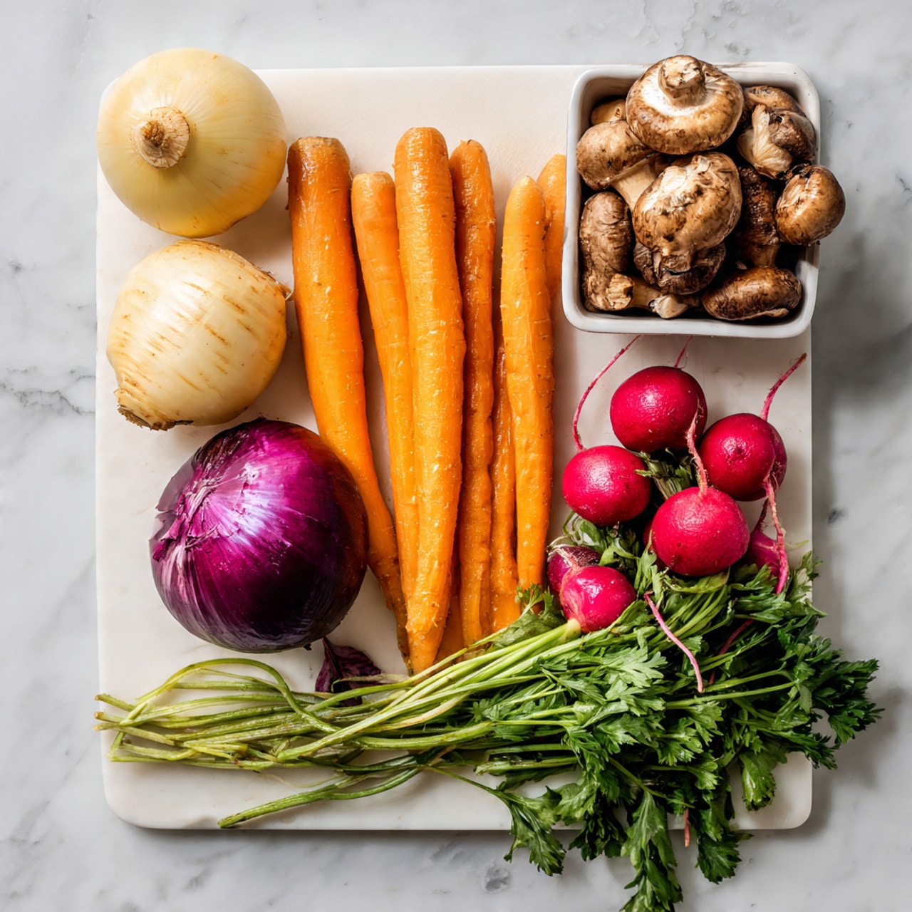 The image shows a white cutting board on a white marbled surface with fresh vegetables placed neatly on it. On the left side, there are two pale yellow parsnips next to a whole purple onion. To the right of the onion, there are six long orange carrots lined up vertically. Beside the carrots, a bunch of bright red radishes with green leaves is placed toward the bottom right corner. At the top right, there is a small white container filled with whole brown mushrooms. The colors of the vegetables stand out clearly against the white cutting board and marbled surface. Photo taken with an iphone --ar 4:5 --v 7