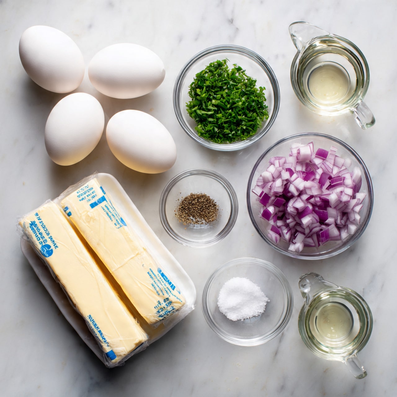 The image shows ingredients for a recipe arranged on a white marbled surface. There are three white eggs placed close together near the top left. Next to them are two sticks of butter wrapped in paper with blue measuring labels. Surrounding the eggs and butter are small clear glass bowls: one with chop chopped green herbs at the top center, one with diced purple onions at the bottom right, one with salt at the bottom center, and one with black pepper at the lower left. There are also two glass measuring cups holding a clear liquid, one near the top right and one near the bottom left. The setup looks neat and well-organized. photo taken with an iphone --ar 4:5 --v 7