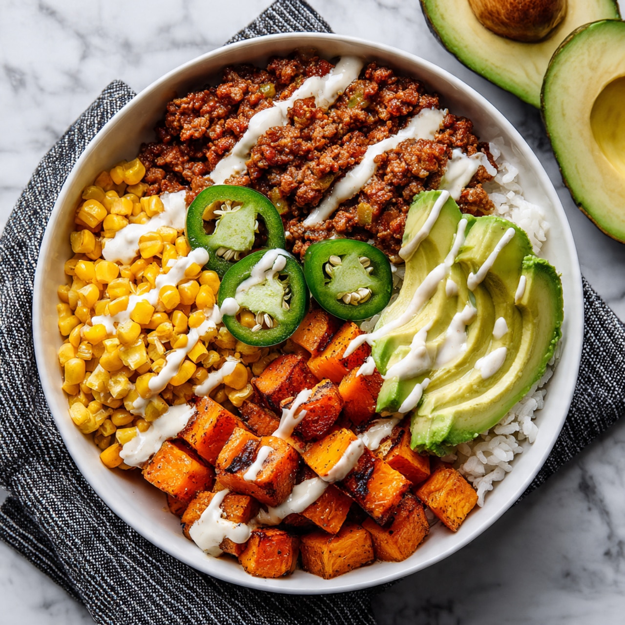 A white bowl sits on a white marbled surface filled with four visible layers of food arranged side by side. On the left, there is a large portion of cooked yellow corn kernels. Next to it is a serving of textured brown lentils or seasoned ground beans. The next section contains steamed white rice, topped slightly by some of the sweet potato cubes on its right. The last section is filled with roasted sweet potato cubes, with some pieces having a browned texture. At the top edge of the bowl, several slices of fresh avocado with light green flesh and dark green outer skin sit partially on top of the rice. To the right of the bowl on the marble surface are two avocado halves, one with a brown pit inside. photo taken with an iphone --ar 4:5 --v 7