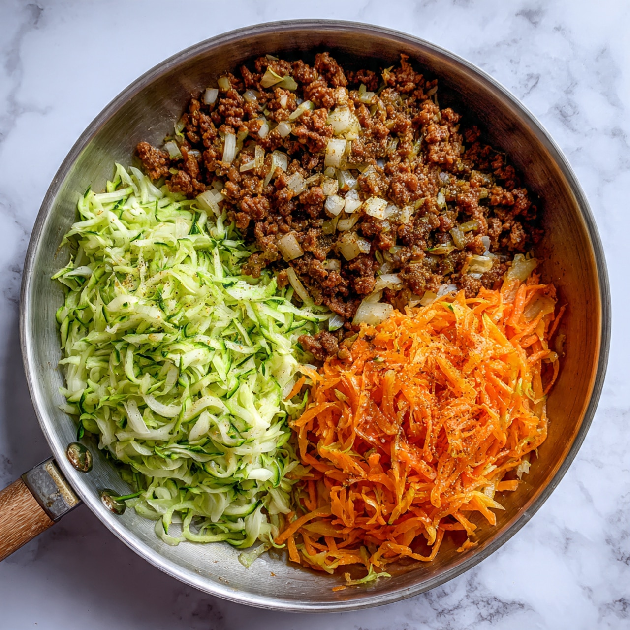 In the image, there is a metal pan with three clear sections of ingredients. The left section shows shredded green zucchini with a textured look. The right section has bright orange shredded carrots, also textured. The top section has browned ground meat mixed with chopped white onions and sprinkled with various spices and salt, giving a mix of light and dark specks. The pan rests on a white marbled surface. Photo taken with an iphone --ar 4:5 --v 7