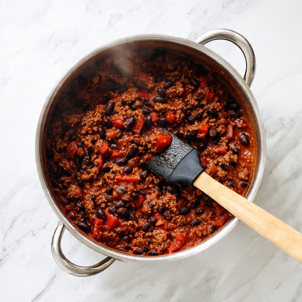 A silver cooking pot filled with a thick chili made of dark brown ground meat, black beans, and red diced tomatoes in a rich red sauce. The chili looks hot with steam rising from the pot. A black spatula with a light brown wooden handle is resting inside the pot, slightly covered with chili sauce. The pot is placed on a white marbled surface photo taken with an iphone --ar 4:5 --v 7