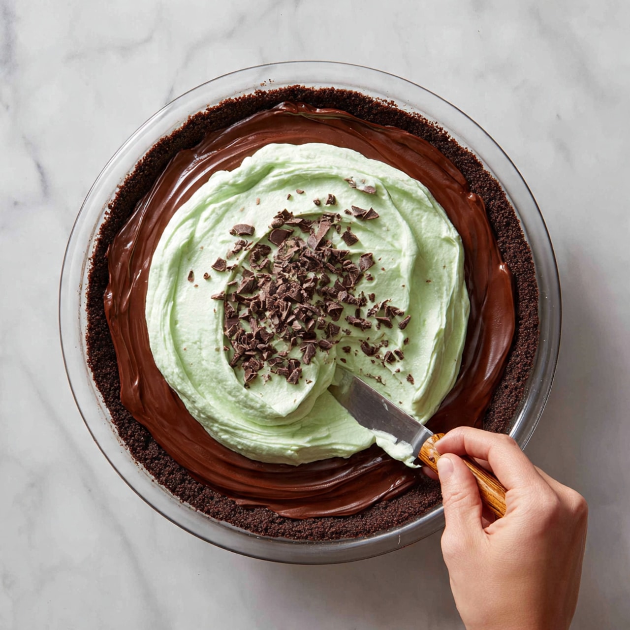 The image shows a pie with three clear layers in a clear glass pie dish held by a woman's hand on the left side. The bottom layer is a dark chocolate crust forming a thick edge around the pie. The middle layer is a smooth, glossy dark chocolate filling that fills the entire base. The top layer is a light green, creamy mixture with small dark chocolate pieces scattered throughout, being spread evenly over the chocolate filling by a woman's hand using a knife with a wooden handle. The pie dish is set on a white marbled surface. photo taken with an iphone --ar 4:5 --v 7