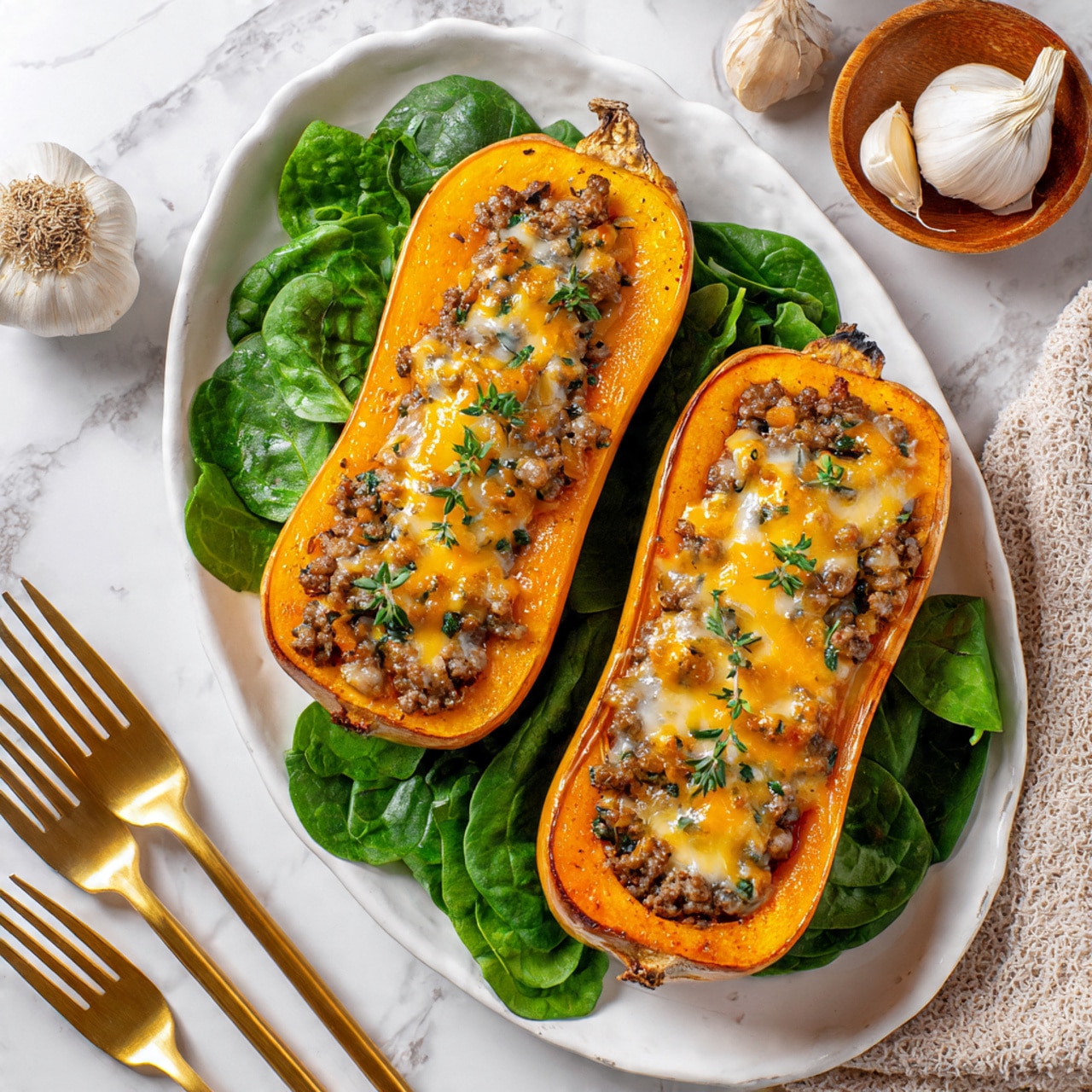 Two halves of roasted butternut squash are placed on a white oval plate filled with fresh green leaves like spinach and herbs. Each squash half has a layer of melted golden brown cheese on top, with a chunky filling of cooked ground meat mixed with small pieces of vegetables and herbs. The filling is piled high at the wider end of the squash halves, with a glossy, slightly browned cheese crust. Small green herb sprinkles decorate the dish. The plate sits on a white marbled surface with a gold fork and knife nearby, and a bunch of garlic cloves in a small wooden bowl next to it. photo taken with an iphone --ar 4:5 --v 7