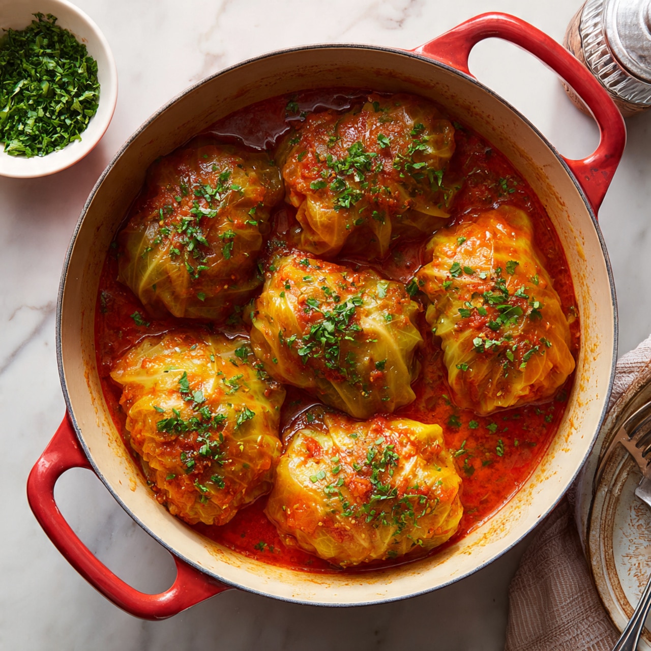 A black bowl holds three large stuffed cabbage rolls covered in a thick, shiny red-orange tomato sauce. Each roll is topped with a dollop of white sour cream and a small sprig of green dill. The cabbage leaves are soft and wrinkled with a slightly browned edge. A black fork rests inside the bowl near the cabbage rolls. The bowl sits on a white marbled surface with a white cloth to the left and a small white bowl filled with chopped green herbs slightly visible in the top right corner. photo taken with an iphone --ar 4:5 --v 7