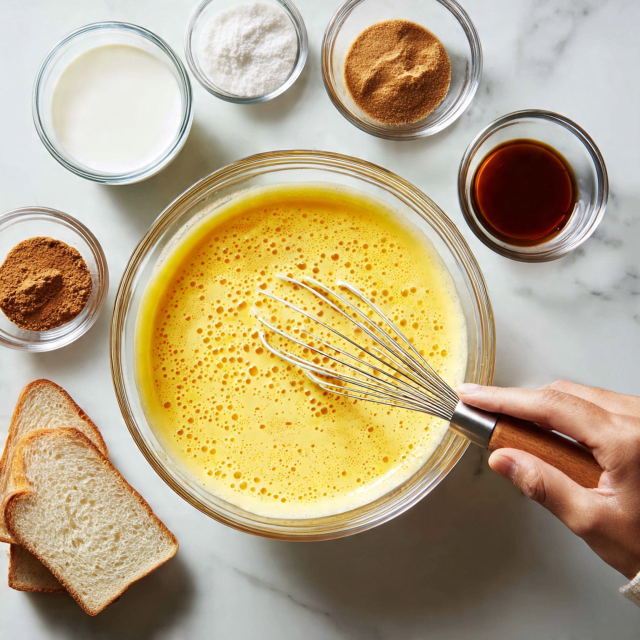 A large clear glass bowl sits on a white marbled surface filled with a smooth, bright yellow mixture of beaten eggs with some air bubbles, being whisked by a woman's hand holding a metal whisk with a wooden handle. Around the bowl are four smaller clear glass bowls: one with white milk on the top left, one with light brown sugar above the larger bowl, one with dark vanilla extract to the top right, and one with ground cinnamon on the far left. At the bottom left are two slices of white bread stacked slightly apart. The scene is well-lit and clean, giving a fresh kitchen preparation feel photo taken with an iphone --ar 4:5 --v 7