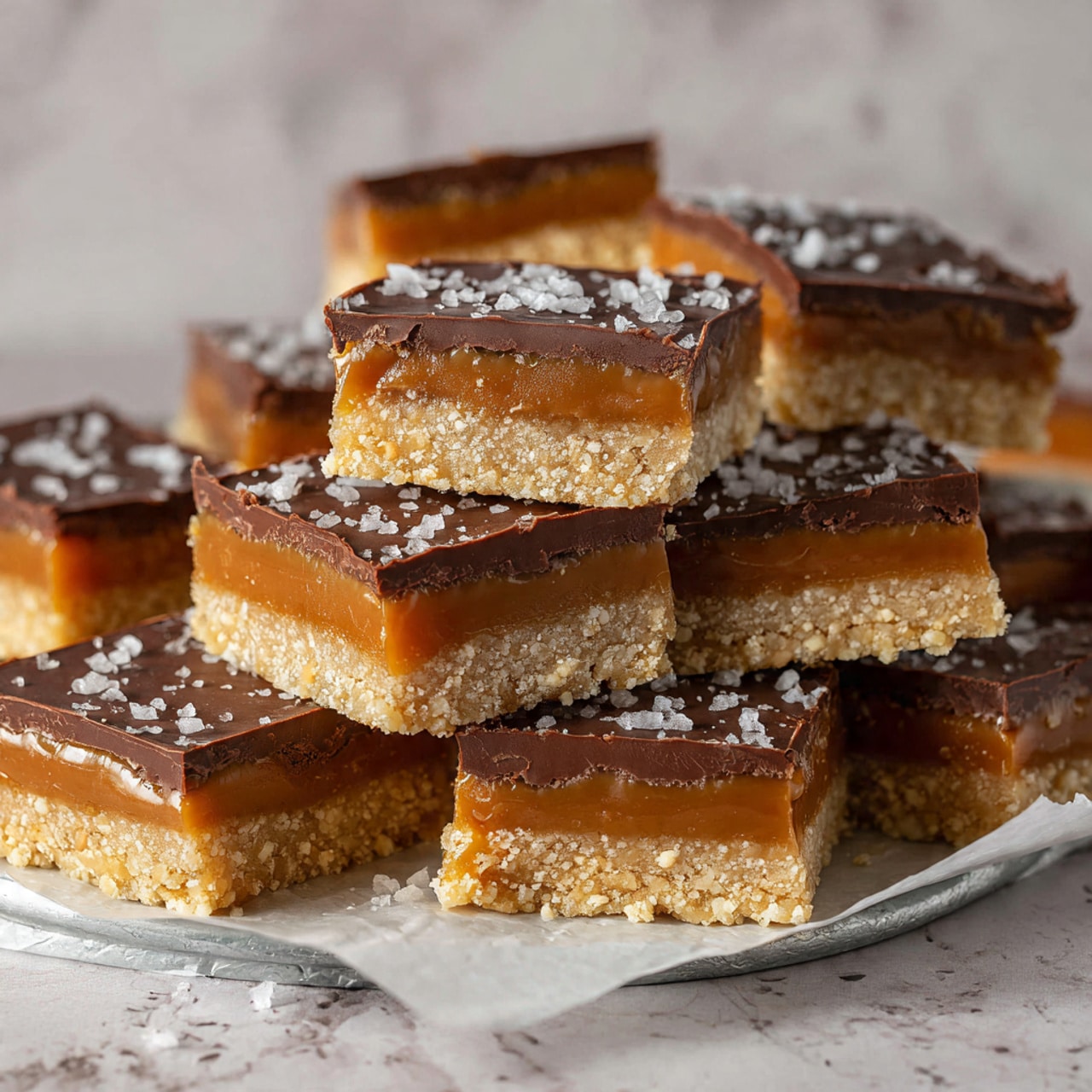 The image shows several dessert bars with three distinct layers, arranged on a white marbled surface. The bottom layer is a thick, light golden-brown crumbly base with a slightly rough texture. The middle layer is a smooth, soft caramel-colored filling. The top layer is a glossy dark chocolate coating with a few pieces topped with small, coarse white salt flakes. The dessert bars are square-shaped, some standing upright and some laying flat, scattered naturally. Photo taken with an iphone --ar 4:5 --v 7
