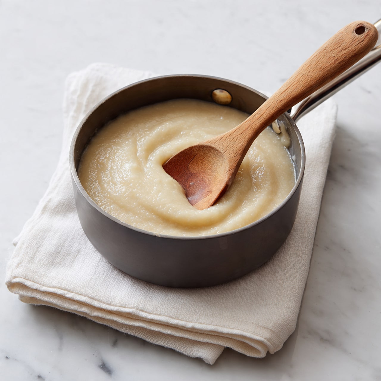 A dark gray metal saucepan holds a smooth, pale beige dough-like mixture centered inside, with a wooden spoon resting partially in the mixture and leaning against the side of the pan. The saucepan is placed on a neatly folded white cloth that sits on a white marbled surface. The dough has a soft, thick texture with slight lumps visible, creating a contrast with the smooth sides of the pan. Photo taken with an iphone --ar 4:5 --v 7