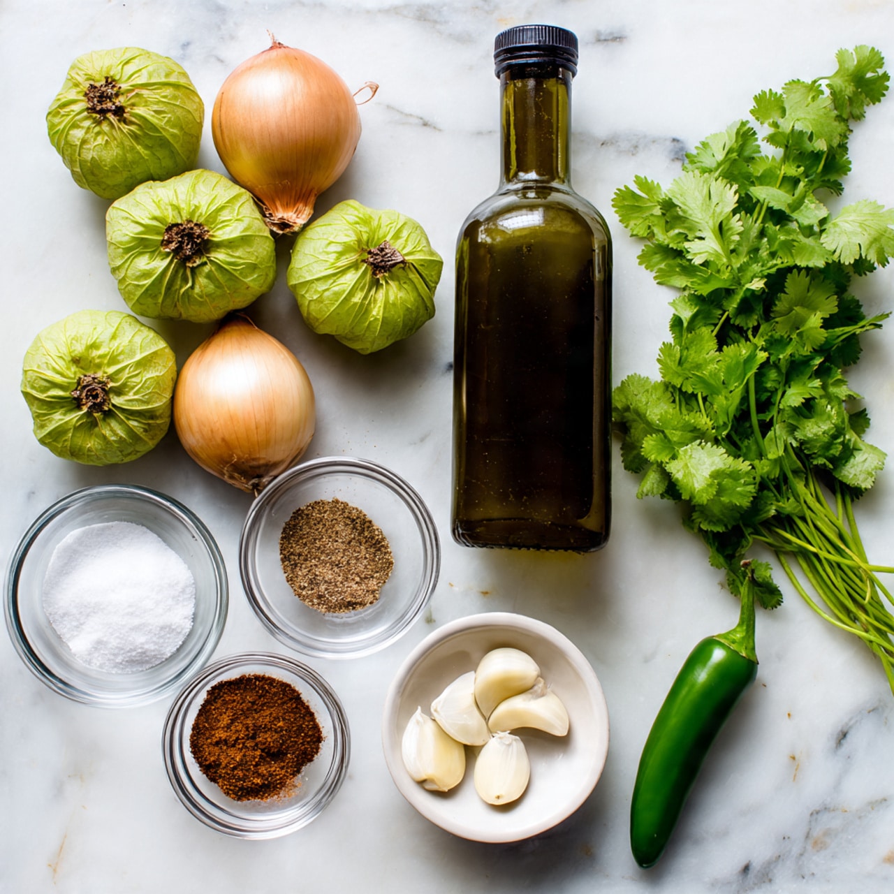 The image shows ingredients arranged on a white marbled surface: a large dark green bottle of olive oil stands in the middle back, surrounded by green tomatillos with papery husks, two light brown onions with smooth skin, and a fresh bunch of green cilantro with leafy stems to the right. In the front left are three small clear glass bowls filled with white salt and brown ground spice, a small white bowl with more salt, a single green jalapeño pepper with a shiny surface, and three peeled garlic cloves with a rough texture. photo taken with an iphone --ar 4:5 --v 7