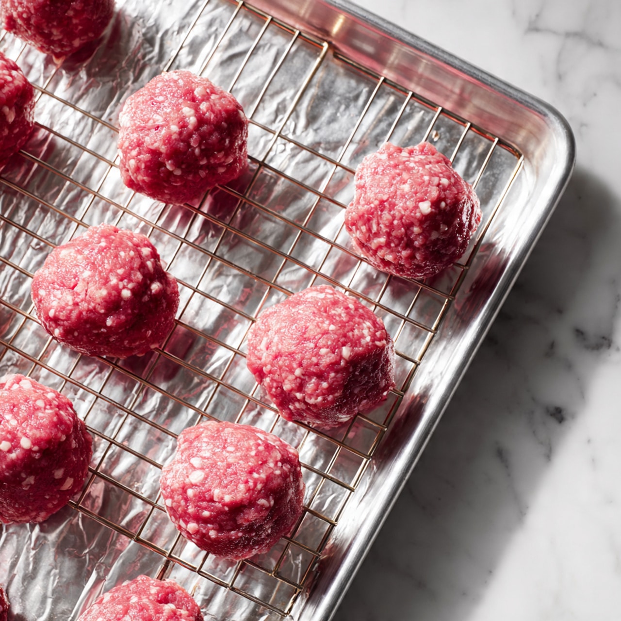 There are seven rows of raw meatballs placed evenly on a wire rack, with each row having six pink, round meatballs showing a soft texture with small white spots. The wire rack is set over a tray lined with crinkled silver foil, and all of this is on a white marbled surface. The lighting is soft and natural, highlighting the meatballs' moist, fresh appearance. photo taken with an iphone --ar 4:5 --v 7