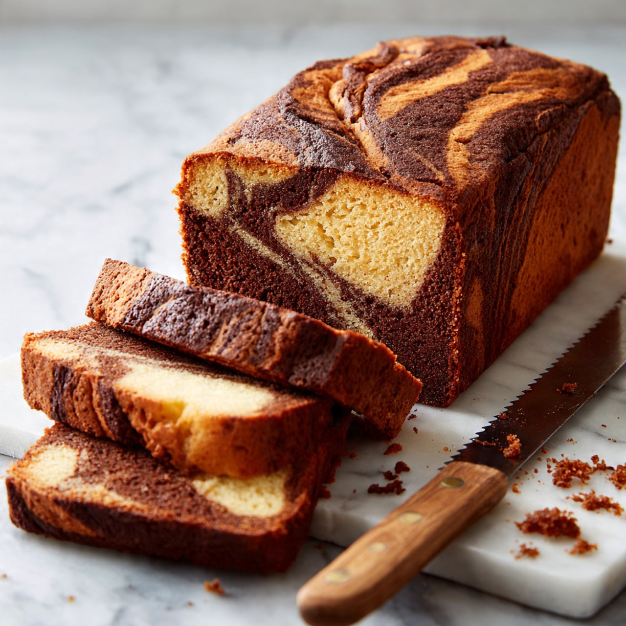 A freshly baked loaf cake sits in a rectangular metal pan placed on a cooling rack. The cake shows two main layers swirled together: a light golden brown layer which appears soft and fluffy, and a darker brown chocolate layer creating a marbled pattern on the cracked top surface. The crust is slightly browned with visible peaks and valleys from the swirling. The background surface is a white marbled texture. photo taken with an iphone --ar 4:5 --v 7
