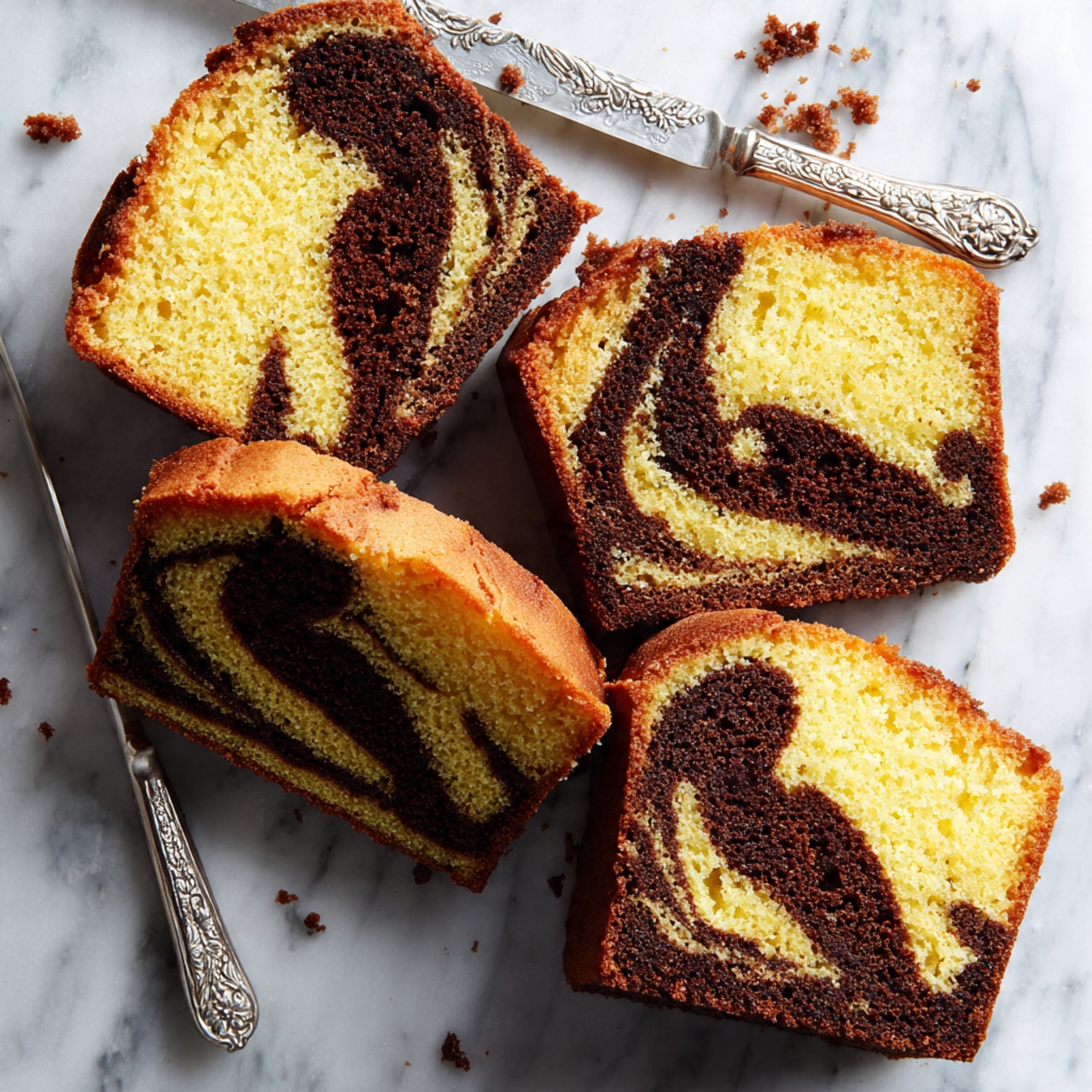 A bundt cake with a rich brown color and a slightly glossy surface is placed on a white cake stand with a simple raised edge design, sitting on a white marbled surface. The cake has deep ridges and a ring shape with a hole in the center. A white silicone brush with a light wood handle is held by a woman's hand, gently applying a shiny glaze to the top of the cake. The background features white tiled walls, keeping the focus on the cake and brush. photo taken with an iphone --ar 4:5 --v 7