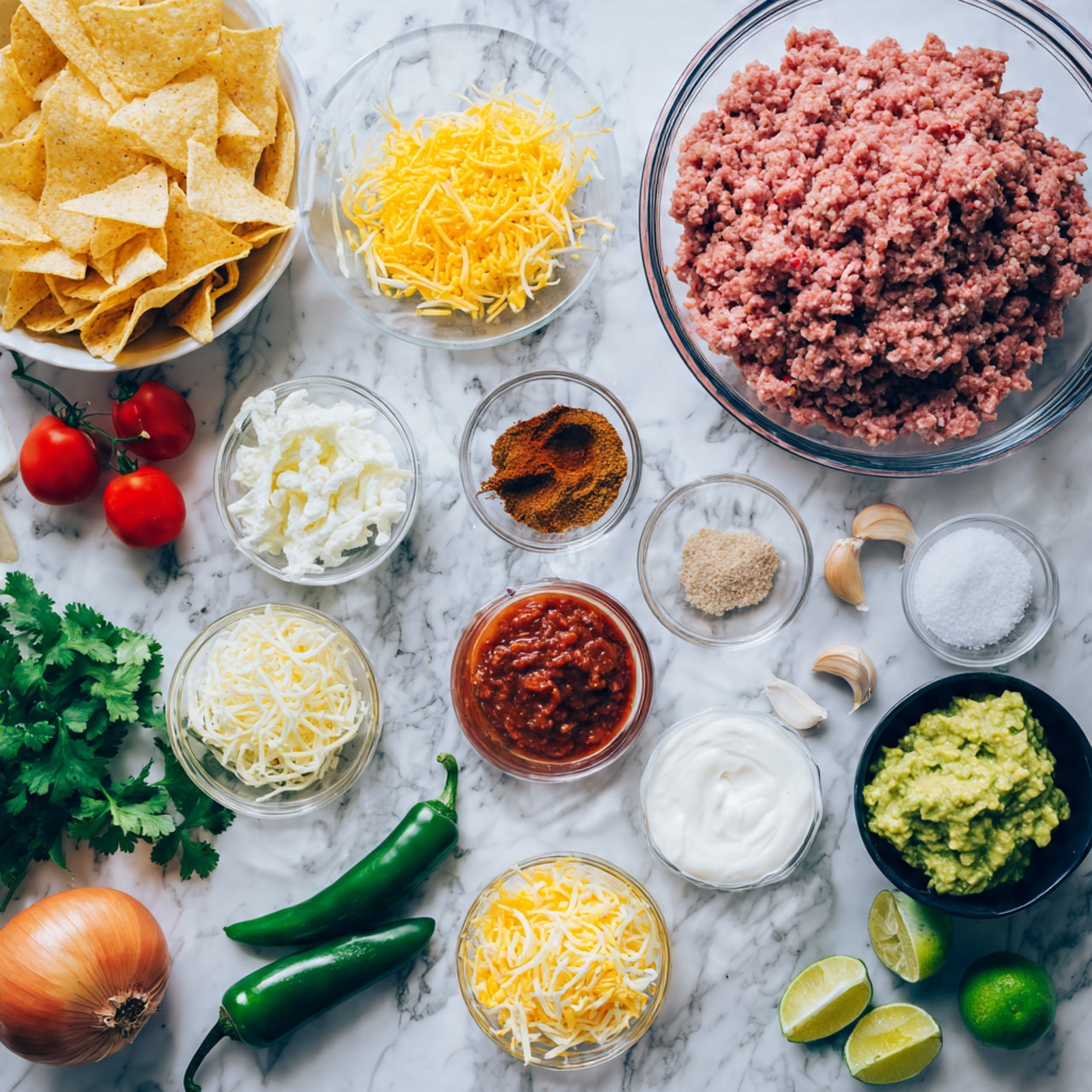 The image shows a top view of many small white bowls and some loose ingredients on a white marbled surface. There is one large glass bowl filled with pale yellow tortilla chips placed on the left side. Above it, a glass bowl holds pink raw ground meat. Nearby are small white bowls containing shredded yellow and white cheese, red tomato paste, and three brownish-red spices. Two green jalapeño peppers and a whole lime sit beside these bowls. To the right, a small black bowl contains green guacamole while another white bowl has white sour cream. There are also loose items like two peeled garlic cloves, three green onion stalks, fresh cilantro sprigs, a whole lime, an onion, two red tomatoes, a green jalapeño, and a small white bowl of salt arranged neatly on the surface. Photo taken with an iphone --ar 4:5 --v 7