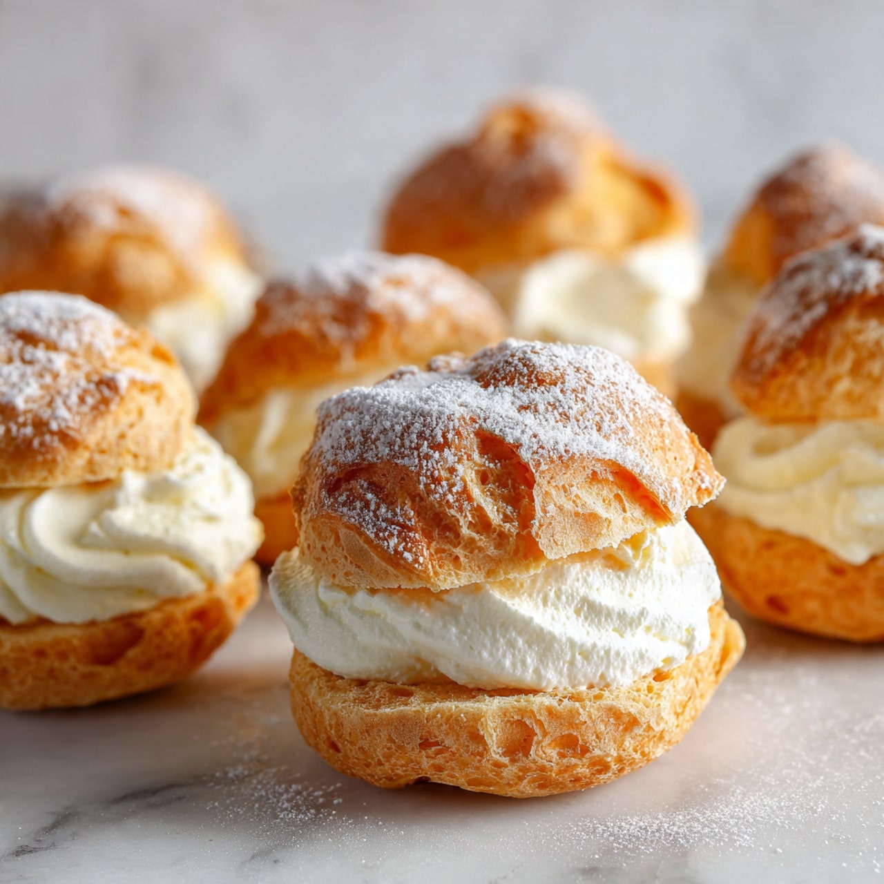 The image shows twelve golden-brown cream puffs arranged in a neat 4 by 3 grid on white parchment paper. Each puff is round with a slightly cracked and uneven surface, showing a light, flaky texture with a darker golden spot on top. The cream puffs have a soft, airy appearance with visible layers of baked dough, and they sit evenly spaced with small crumbs around them. The background is a white marbled texture. Photo taken with an iphone --ar 4:5 --v 7