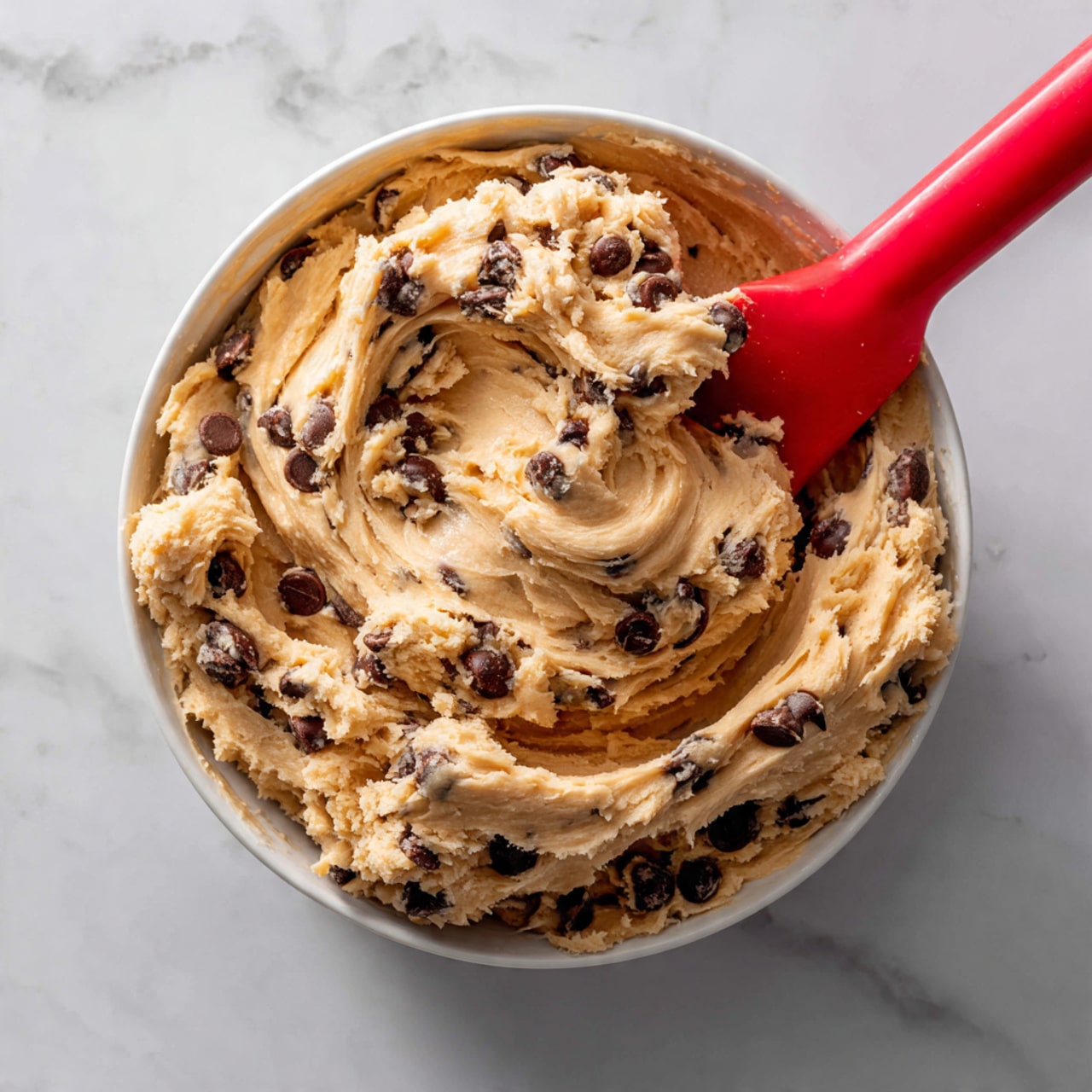The image shows a close-up view of thick, creamy cookie dough with a light brown color mixed with dark brown chocolate chips scattered throughout. The dough has a soft texture with some visible specks, swirled and scooped in a bowl. A red spatula is slightly buried in the dough on the right side, adding a splash of color. The background is a white marbled surface. photo taken with an iphone --ar 4:5 --v 7