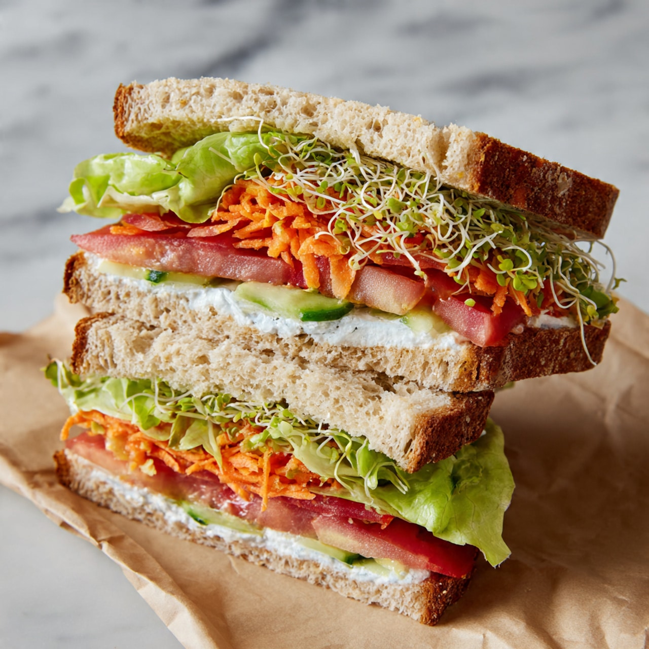 The image shows a sandwich cut in half and stacked, held by a woman's hand. The sandwich layers from bottom to top are light brown whole grain bread with visible seeds, fresh green spinach leaves, bright red diced tomatoes, orange shredded carrots, white sprouts, and thinly sliced cucumber. There is also a white spread visible on the inside of the bread. The sandwich halves are wrapped in brown paper, and the background is a white marbled texture with blurred vegetables and greenery. photo taken with an iphone --ar 4:5 --v 7