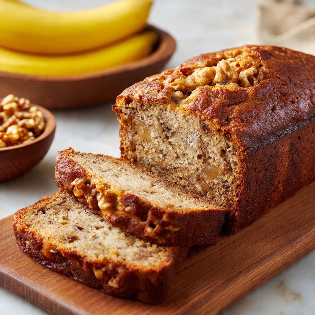 A wooden board holds four slices of brown banana nut bread with visible walnut pieces inside. The main loaf sits to the left, showing a cracked top crust with a golden brown color. On one slice, a woman's hand with red nail polish spreads creamy white butter using a silver knife. Below the board, two yellow bananas rest on a white marbled surface. A small brown bowl filled with walnut halves is placed at the top left. The overall setting is warm and cozy with a light beige background. Photo taken with an iphone --ar 4:5 --v 7