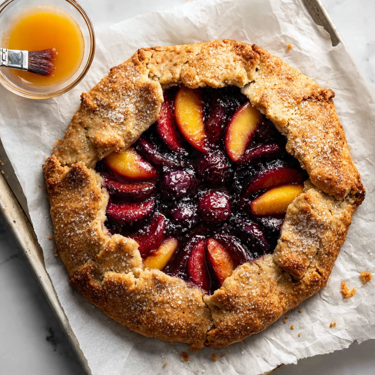 A round rustic tart with a thick golden-brown crust folded unevenly around a filling of dark red and purple fruit slices arranged in a circular pattern. The crust is textured with a slightly rough, crumbly surface and a few sugar crystals that sparkle. The tart sits on white parchment paper placed on a metal baking sheet. To the left of the tart is a small clear glass bowl with a brush resting inside, the bowl contains a small amount of orange glaze. All items are set on a white marbled background. photo taken with an iphone --ar 4:5 --v 7
