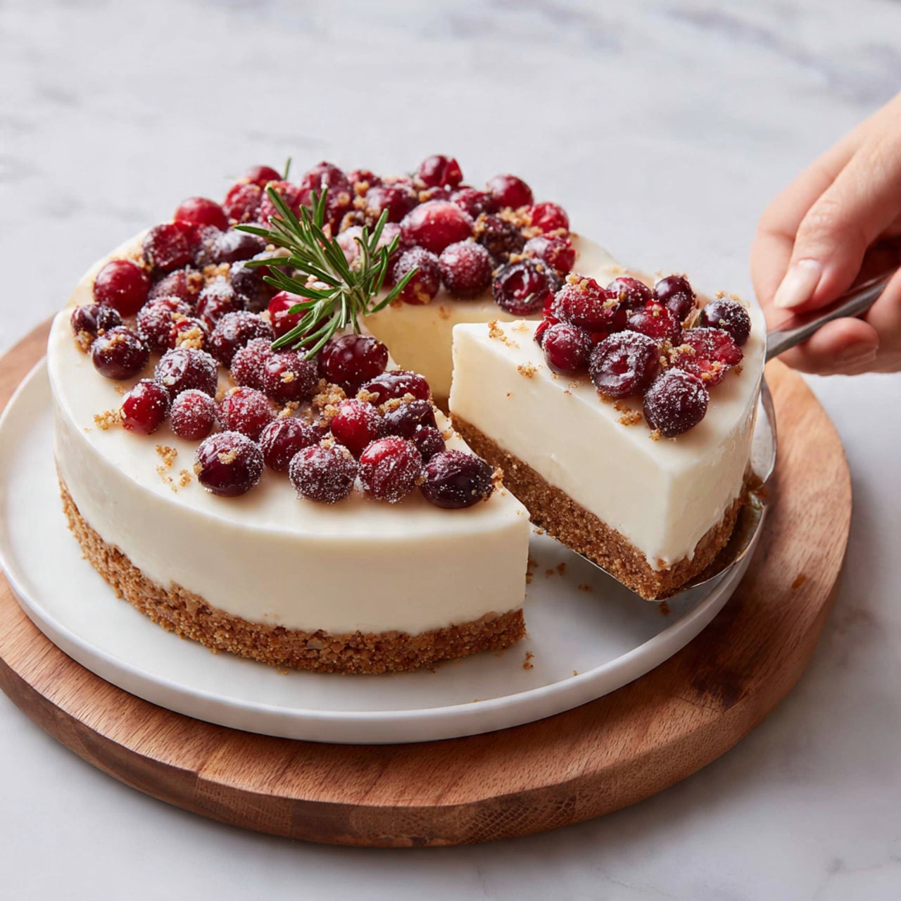 A slice of cake with two layers is shown on a white plate with a dotted edge. The bottom layer is thick and looks moist with a rich brown color and crumbly texture. The top layer is a smooth, creamy light beige frosting with five frosted red berries scattered on top, giving a fresh look. A fork with a wooden handle is placed next to the cake, slightly digging into the slice at the front. The background has a white marbled texture with a soft pink and white cloth blurred in the back. Nearby, there is a white bowl filled with frosted red berries. Photo taken with an iphone --ar 4:5 --v 7