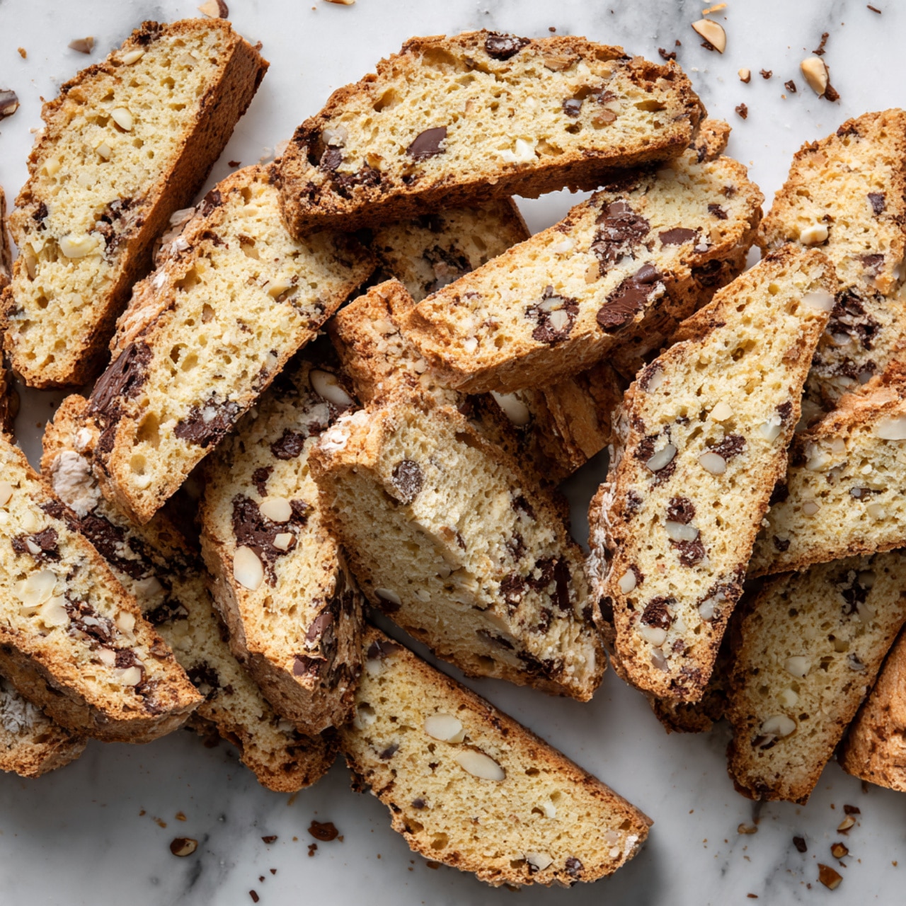 The image shows a metal baking tray lined with brown parchment paper holding 15 pieces of biscotti. Each biscotti slice is light golden brown with visible darker spots of nuts and chocolate chips scattered throughout. The edges are slightly darker and crisp. The biscotti pieces are arranged in a loose, uneven pattern across the tray. There is a fine dusting of powdered sugar sprinkled lightly over the biscotti and parchment paper. The tray sits on a white marbled surface with a white tiled wall in the background. photo taken with an iphone --ar 4:5 --v 7