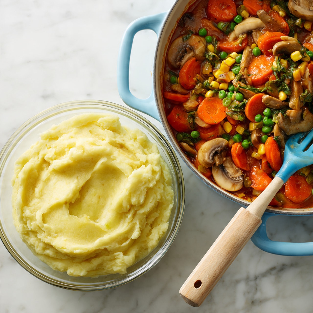 The image shows two containers on a white marbled surface. On the top right, there is a light blue pan filled with cooked mixed vegetables and beans, including sliced mushrooms, sliced carrots, green peas, and corn, all in a rich reddish-brown sauce. Below the pan, there is a clear glass bowl holding smooth, creamy mashed potatoes of pale yellow color, with a blue spatula that has a wooden handle resting inside. The texture of the mashed potatoes looks soft and thick. photo taken with an iphone --ar 4:5 --v 7