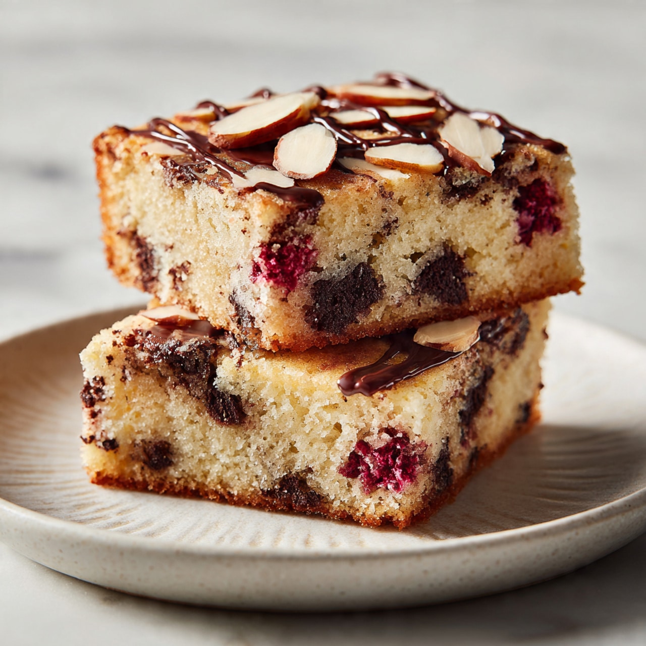 A white rectangular plate with scalloped edges holds nine square dessert bars arranged in three rows of three. Each bar has a light golden base with a crumbly texture, topped with a layer of slivered almonds and small dark chocolate chips scattered across the surface. Bright red raspberries are embedded on and around the bars, adding contrast to the light colors. The plate sits on a white marbled surface, with small bowls of fresh raspberries and slivered almonds placed nearby. Photo taken with an iphone --ar 4:5 --v 7