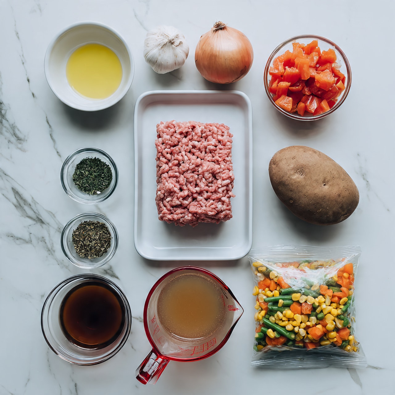 The image shows ingredients for a meal arranged neatly on a white marbled surface. At the center is a white rectangular tray holding a block of raw ground meat, pink and tightly packed. Below it, there is a small clear bowl with a dark brown liquid. To the left, another small bowl holds two whole garlic cloves, and above that is a bowl with light yellow oil. Between these bowls is another small clear bowl containing dried green and black herbs. To the top right of the tray, there is a large brown potato and a yellow onion. Next to these, a round clear bowl contains diced tomatoes in juice. To the far right, there is a sealed bag of mixed vegetables showing carrots, green beans, and corn. Finally, a large clear measuring cup with a red handle is filled with light brown broth. photo taken with an iphone --ar 4:5 --v 7