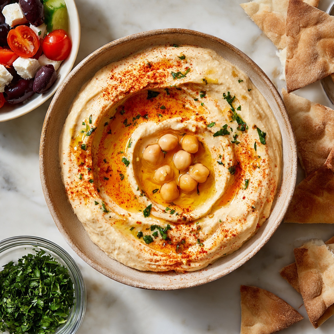 A ceramic bowl filled with creamy, light beige hummus forming two smooth circular layers, each with a soft swirl texture. The center holds a pool of golden olive oil with five whole chickpeas sitting in it, sprinkled with bright orange paprika and fresh, chopped green parsley scattered on top. The bowl is set on a white marbled surface surrounded by light tan pita bread cut into triangular pieces. Near the bowl, on the white marbled surface, are two white bowls: one contains shiny black and brown olives and the other a colorful salad with red cherry tomatoes, green cucumber pieces, and white feta cheese chunks garnished with fresh herbs. A small glass bowl filled with green chopped parsley is also visible. Photo taken with an iphone --ar 4:5 --v 7
