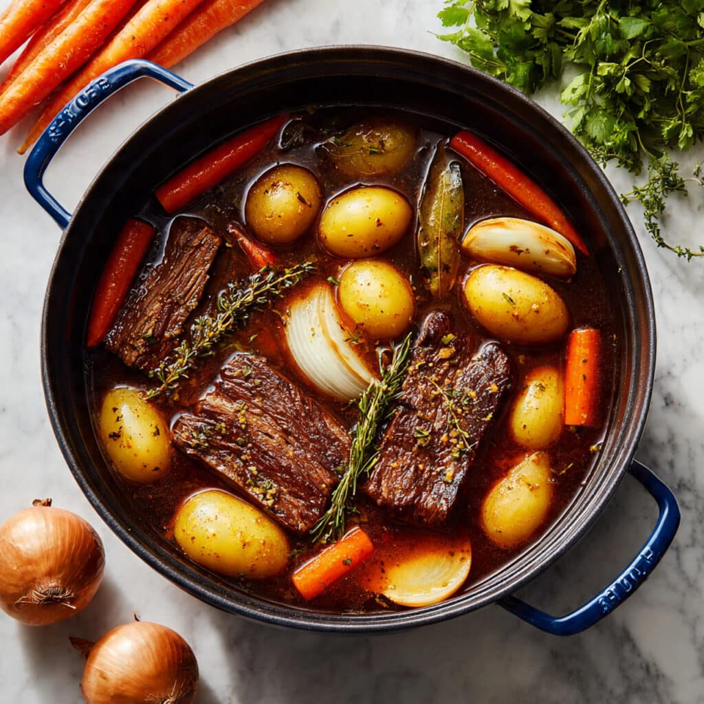 Classic Pot Roast with Carrots, Potatoes, and Herbs Recipe