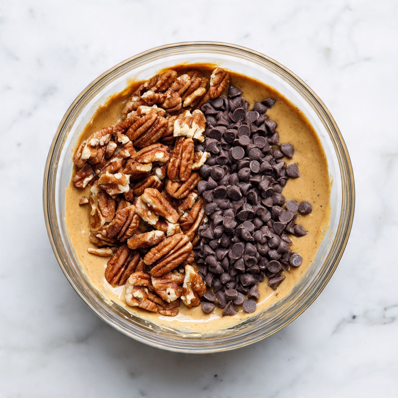 A clear glass bowl sits on a white marbled surface, filled halfway with smooth light brown batter as the base layer. On top of the batter, there are two distinct piles: one pile of small, dark chocolate chips that have a shiny, round shape on the right, and a pile of roughly chopped light brown pecans with textured, irregular shapes on the left. The sides of the bowl show some batter splashes, and the whole scene is well lit, showing clear details of the ingredients. photo taken with an iphone --ar 4:5 --v 7